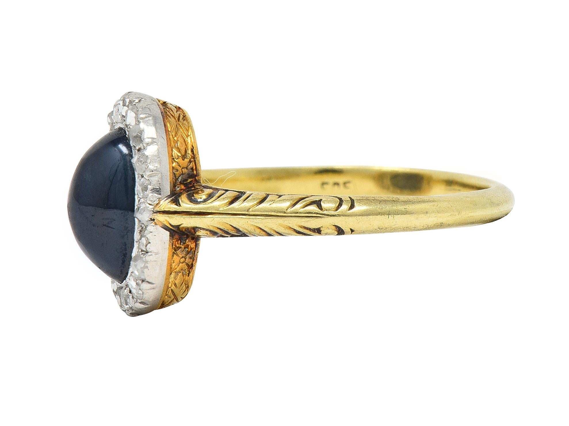 Edwardian 2.42 CTW Sapphire Cabochon Diamond Platinum 14 Karat Gold Halo Ring