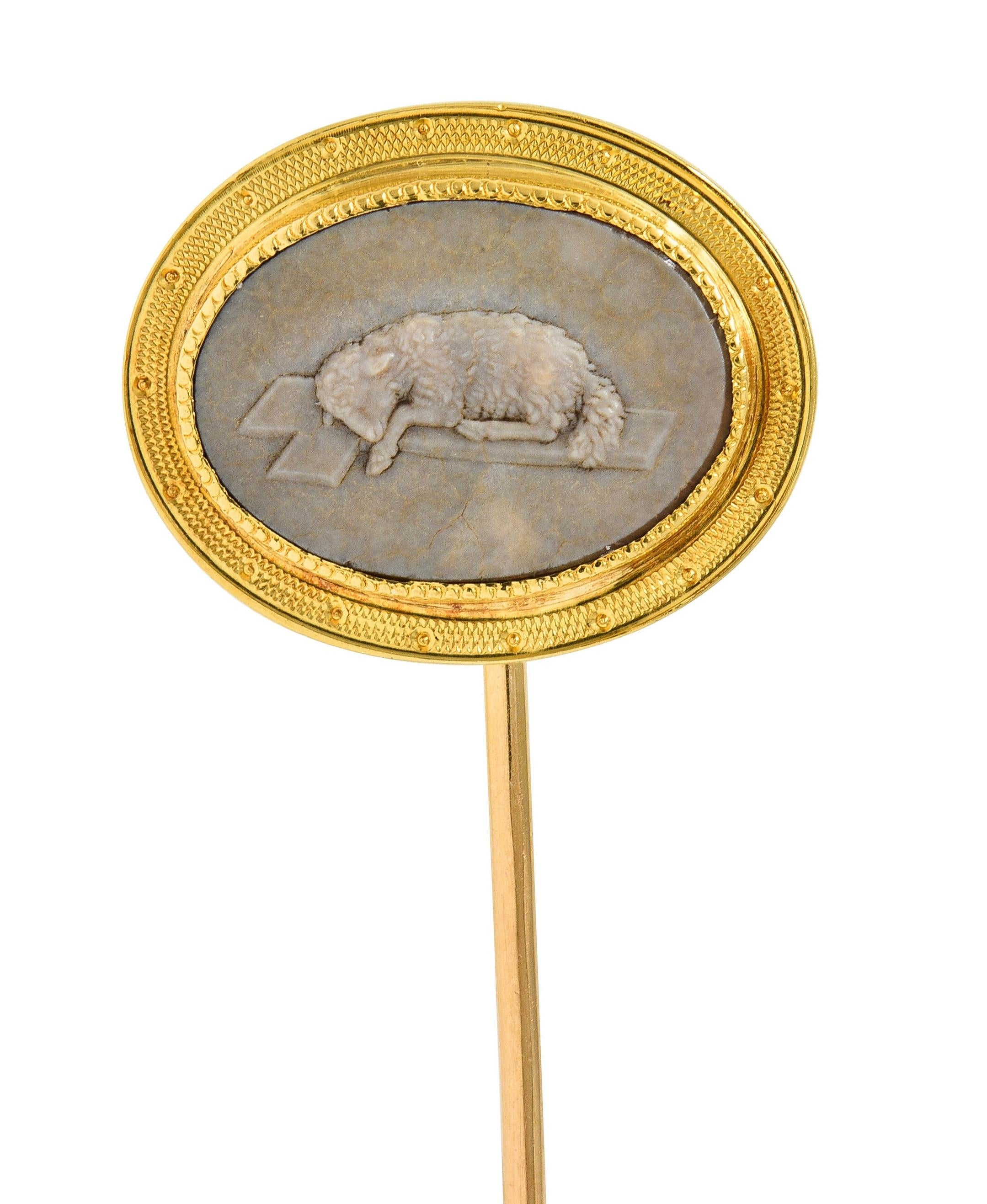 Victorian Etruscan Revival Agate 18K Yellow Gold Lamb Antique Cameo Stickpin