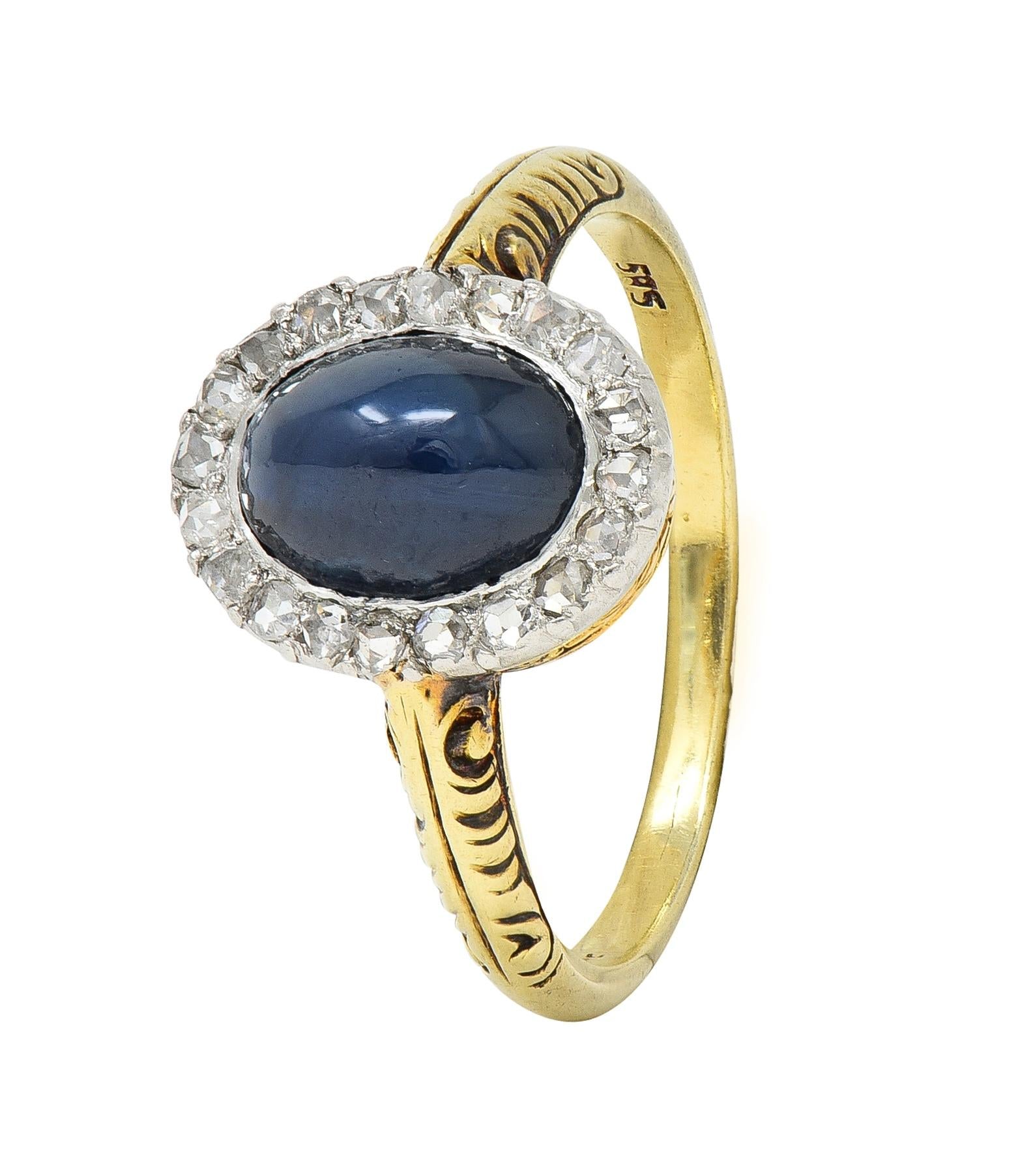 Edwardian 2.42 CTW Sapphire Cabochon Diamond Platinum 14 Karat Gold Halo Ring