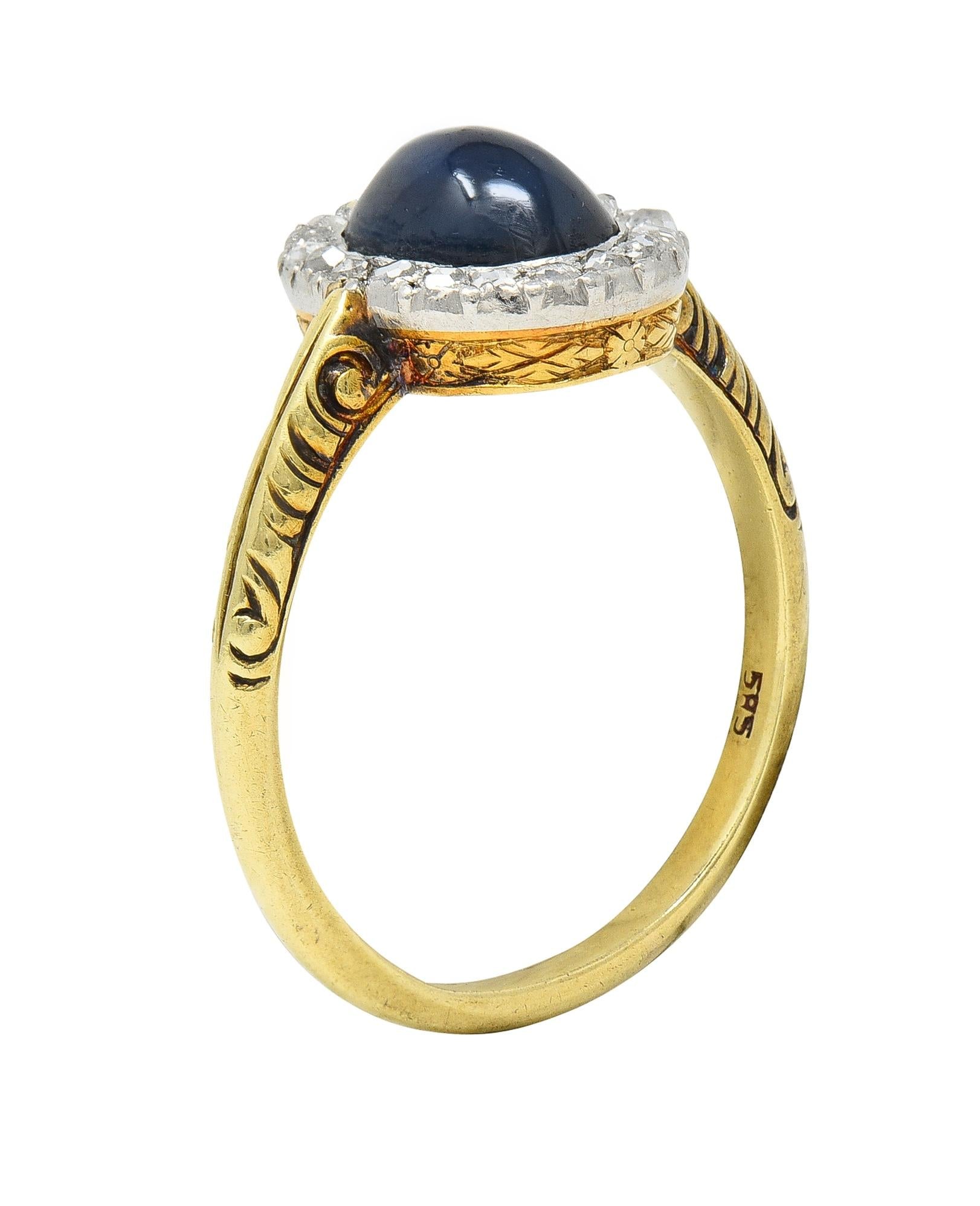 Edwardian 2.42 CTW Sapphire Cabochon Diamond Platinum 14 Karat Gold Halo Ring