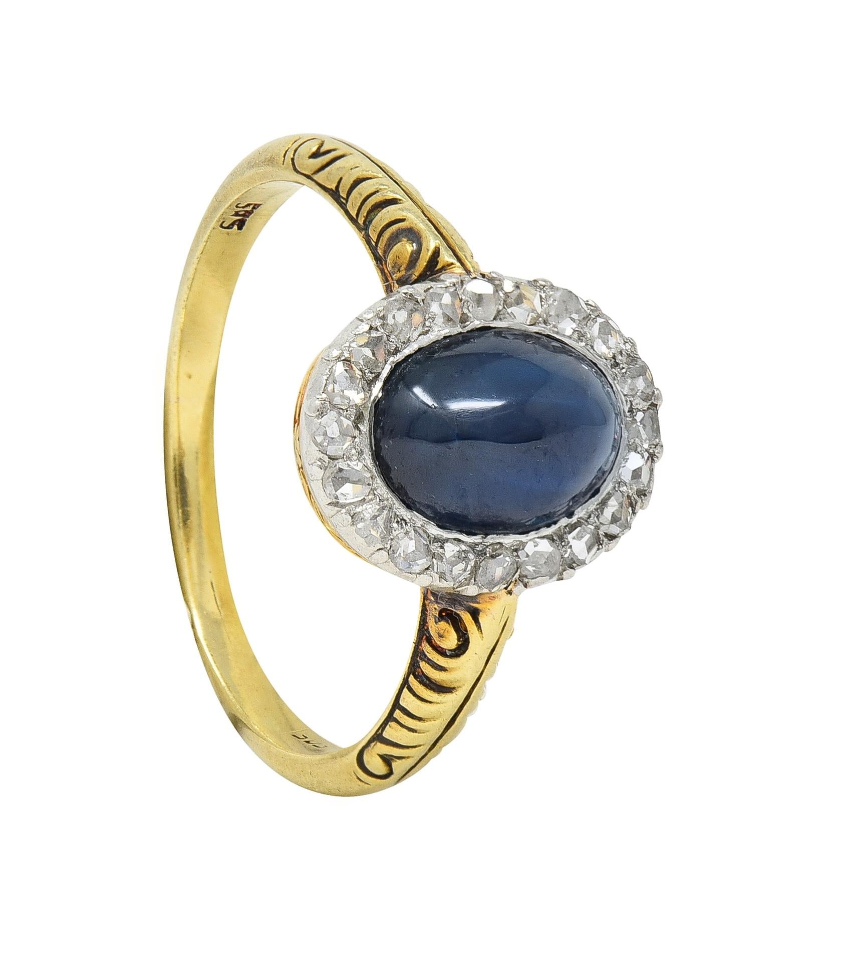 Edwardian 2.42 CTW Sapphire Cabochon Diamond Platinum 14 Karat Gold Halo Ring