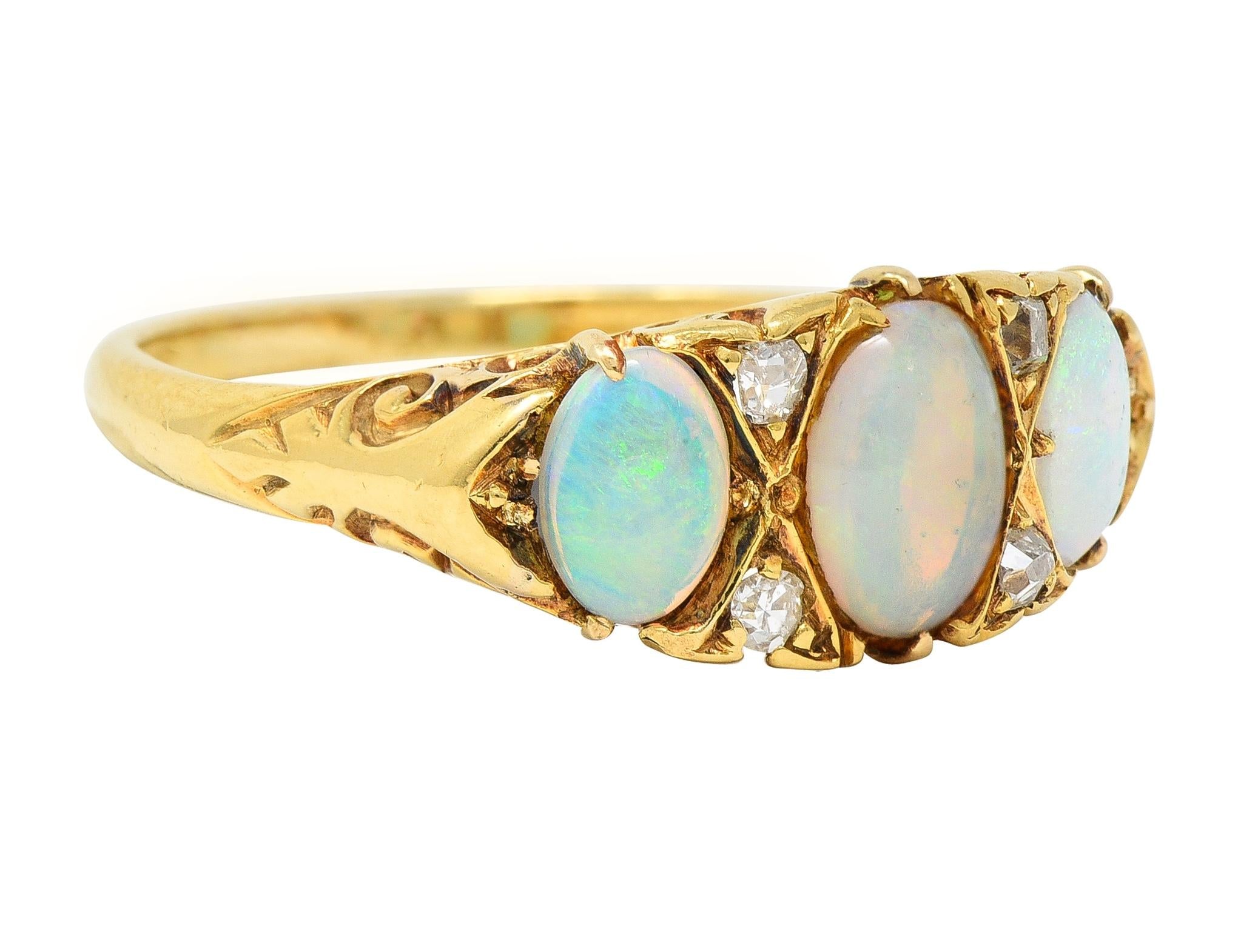 Victorian Opal Diamond 18 Karat Yellow Gold Antique Three Stone Band Ring