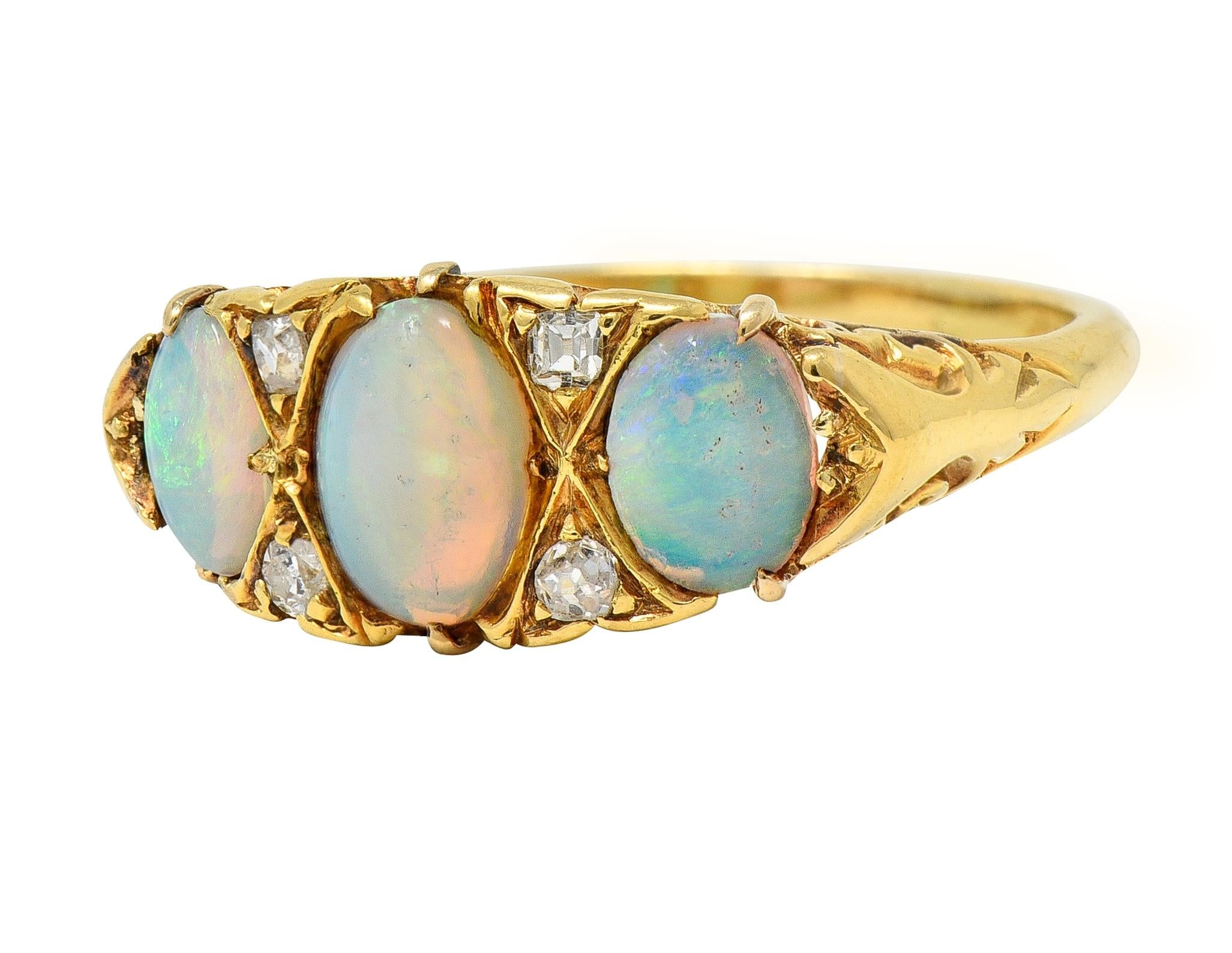 Victorian Opal Diamond 18 Karat Yellow Gold Antique Three Stone Band Ring