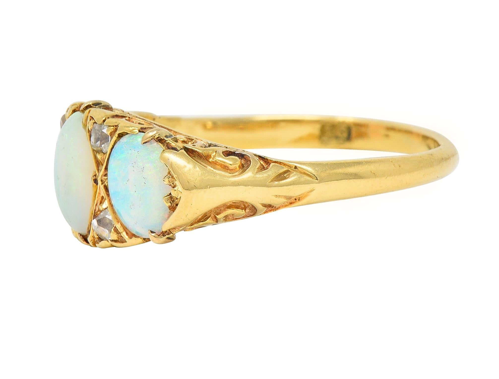 Victorian Opal Diamond 18 Karat Yellow Gold Antique Three Stone Band Ring