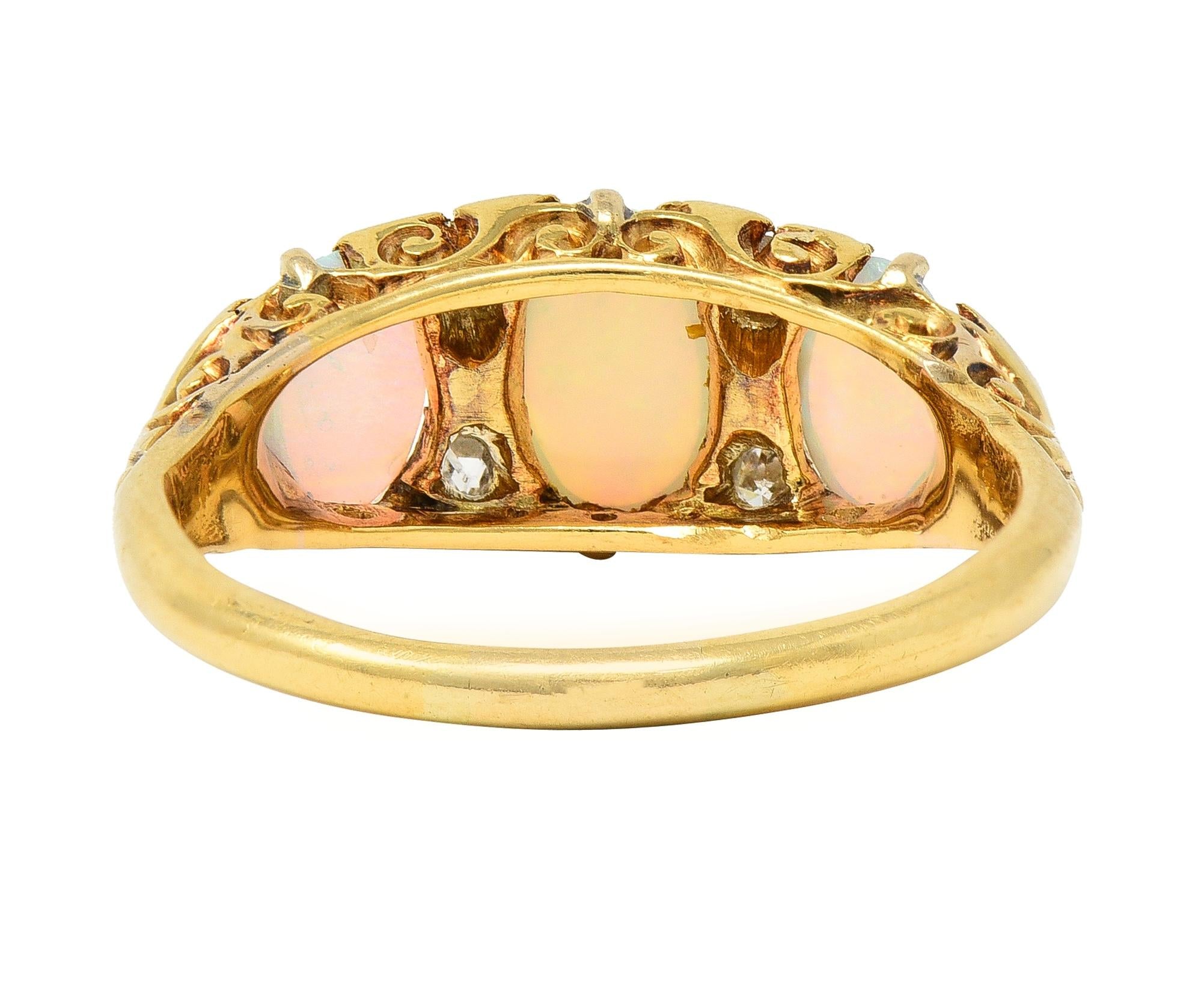 Victorian Opal Diamond 18 Karat Yellow Gold Antique Three Stone Band Ring