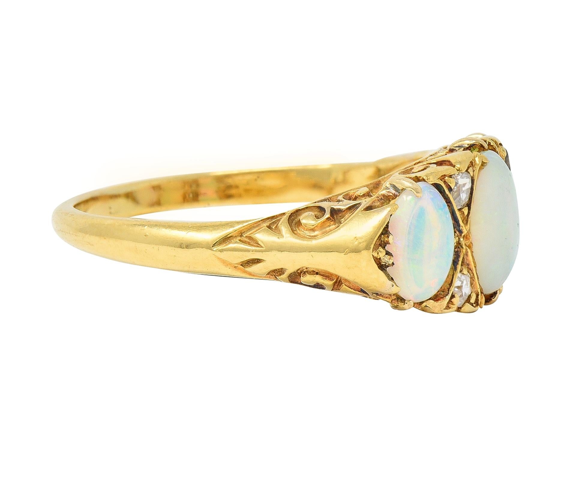 Victorian Opal Diamond 18 Karat Yellow Gold Antique Three Stone Band Ring