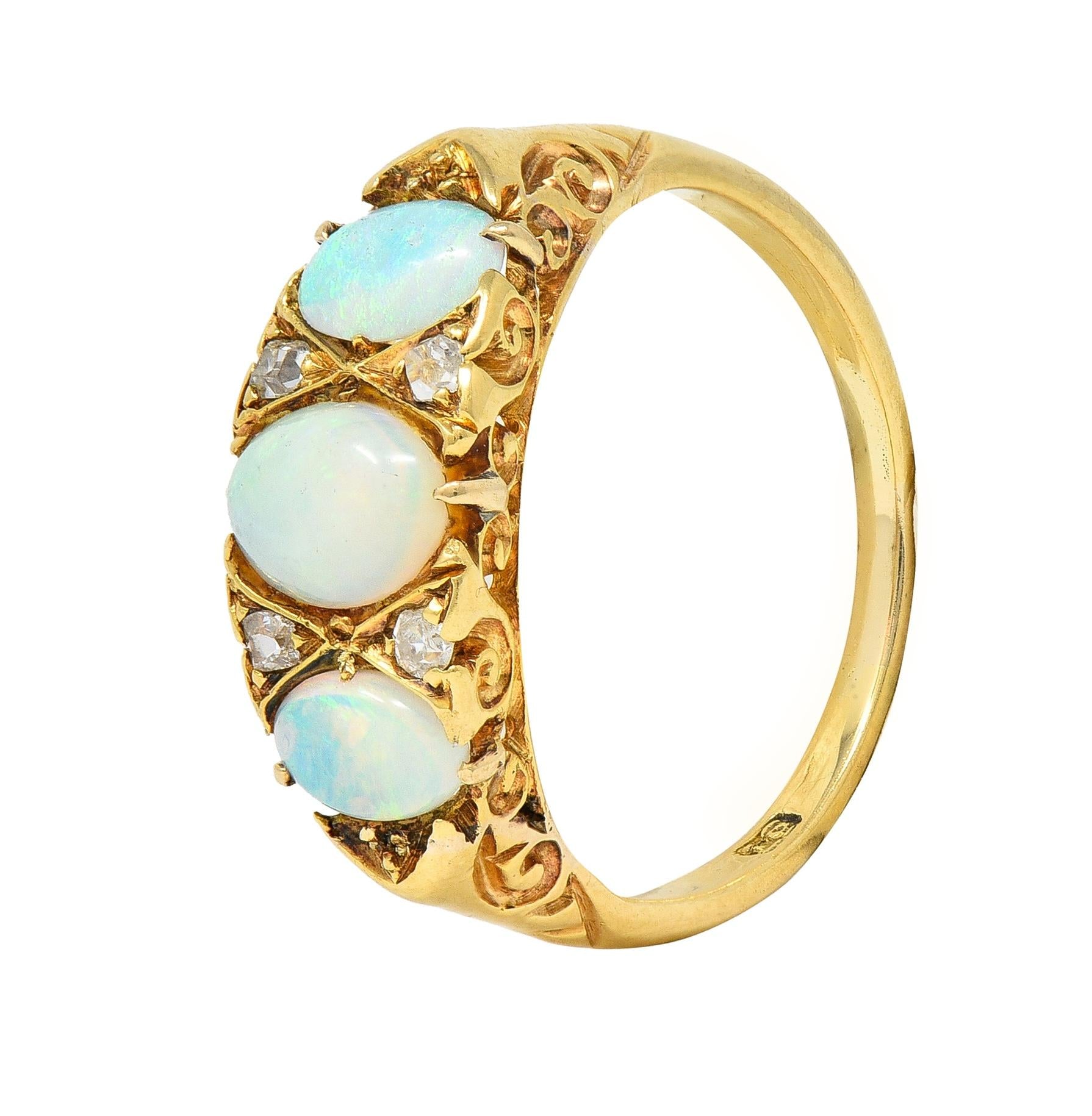 Victorian Opal Diamond 18 Karat Yellow Gold Antique Three Stone Band Ring