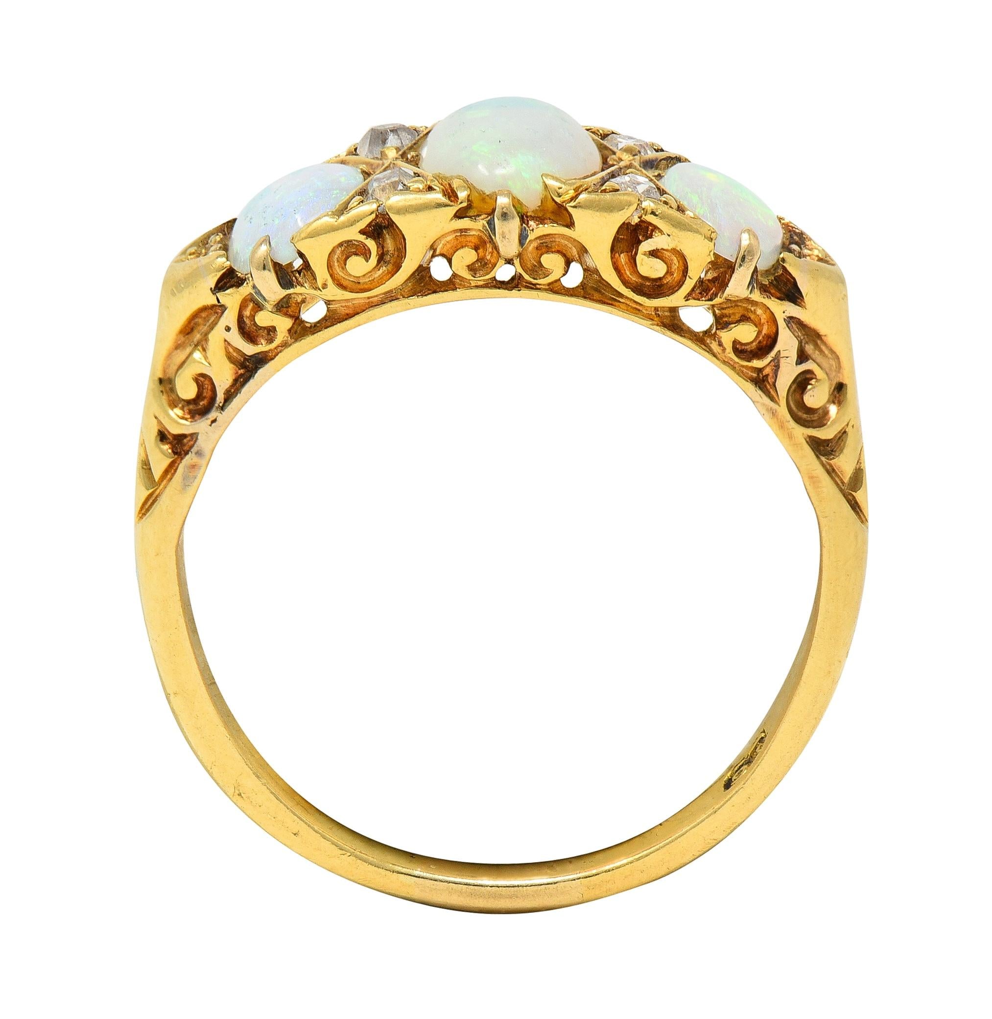 Victorian Opal Diamond 18 Karat Yellow Gold Antique Three Stone Band Ring