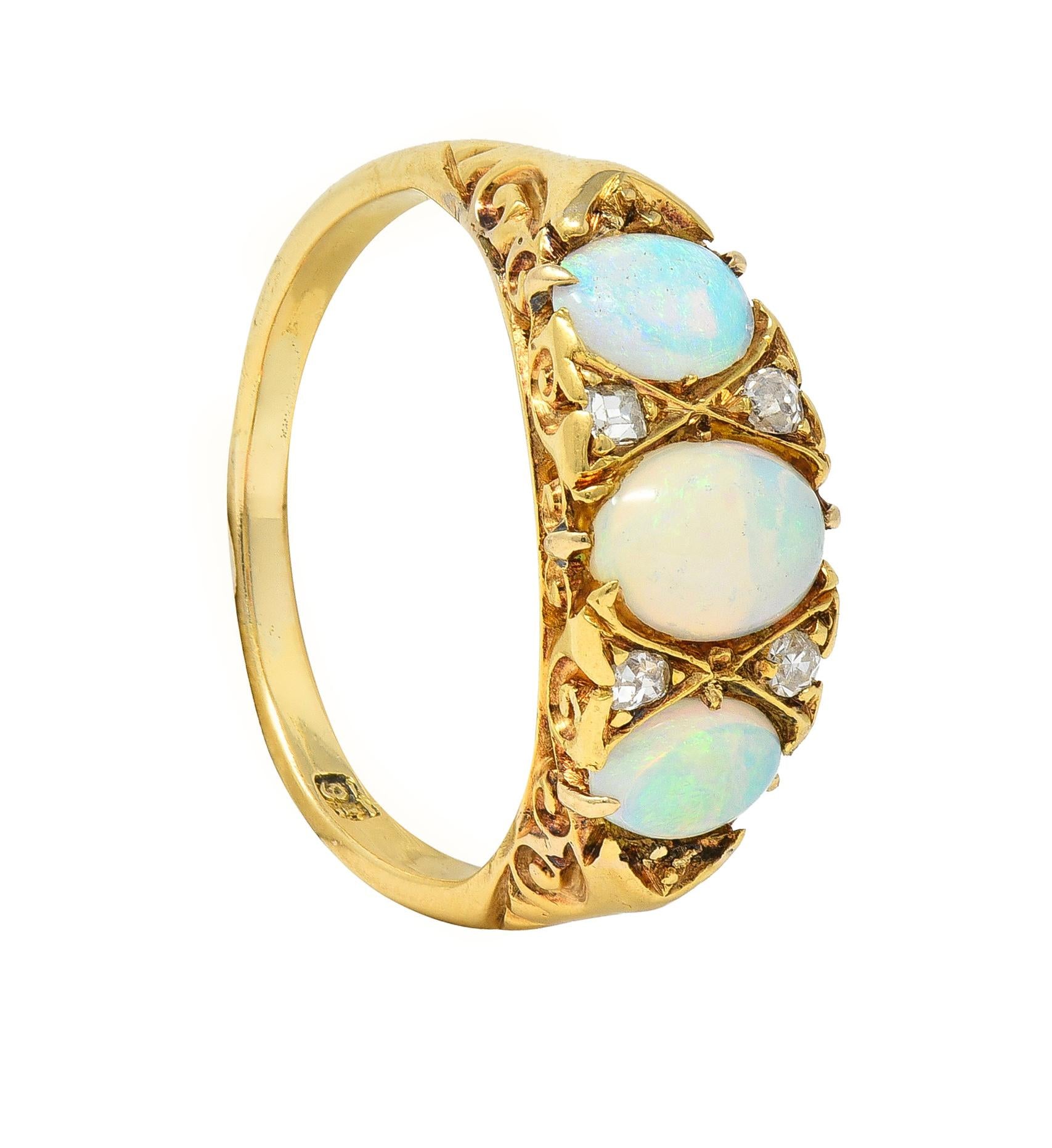 Victorian Opal Diamond 18 Karat Yellow Gold Antique Three Stone Band Ring