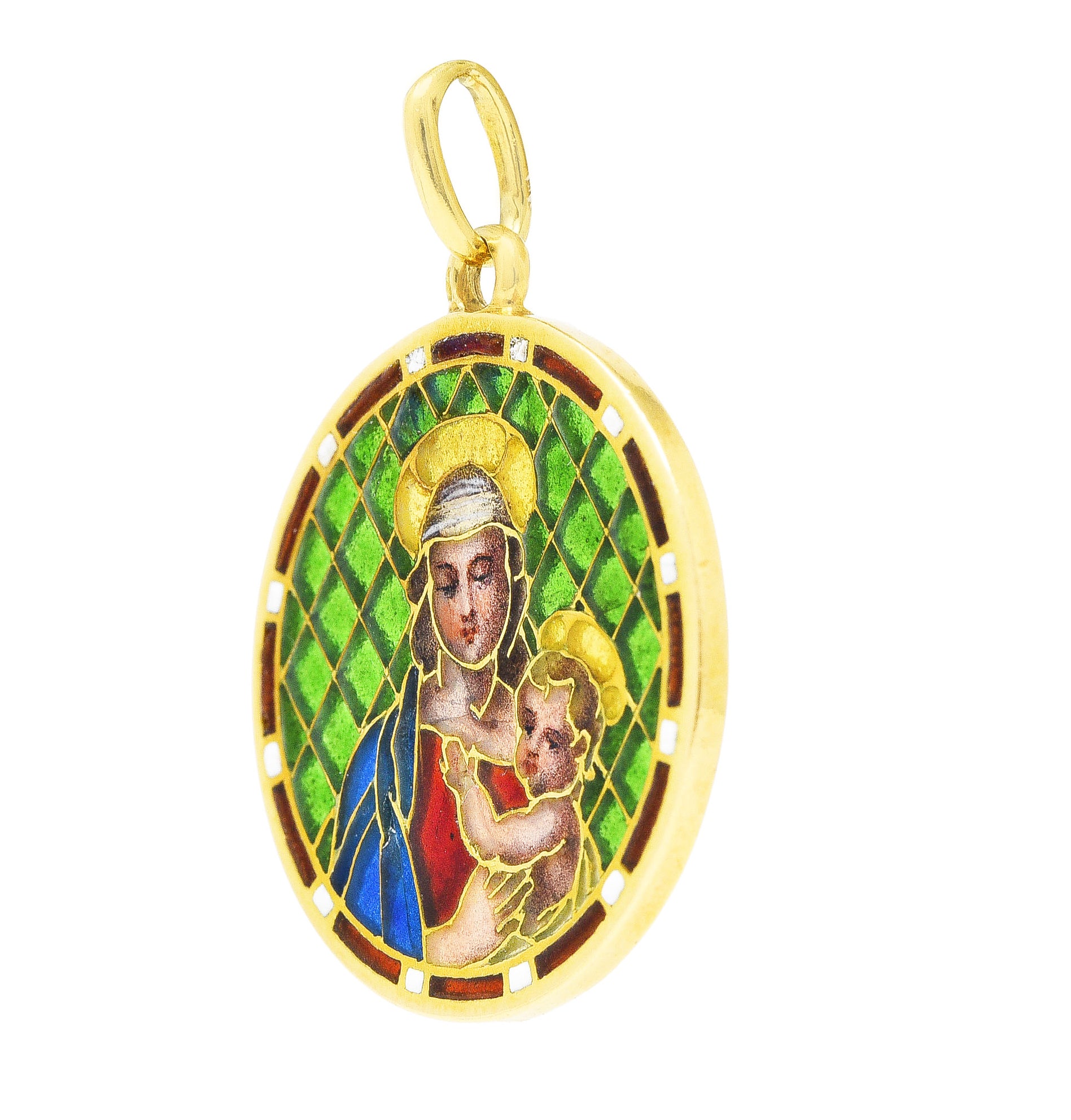 French Art Nouveau Plique-A-Jour Enamel 18 Karat Yellow Gold Madonna And Child Antique Pendant Wilson's Estate Jewelry