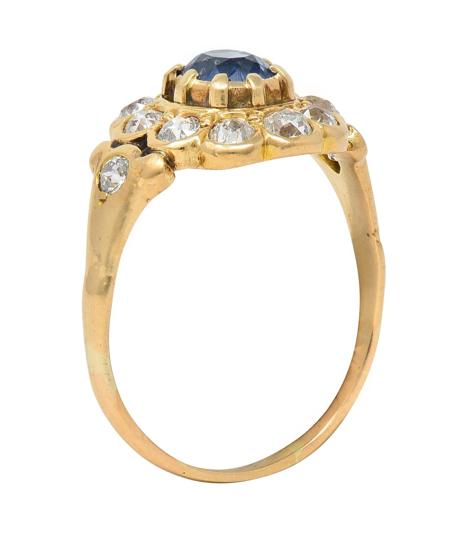 Victorian 1.37 CTW Sapphire Diamond 14 Karat Yellow Gold Antique Halo Ring