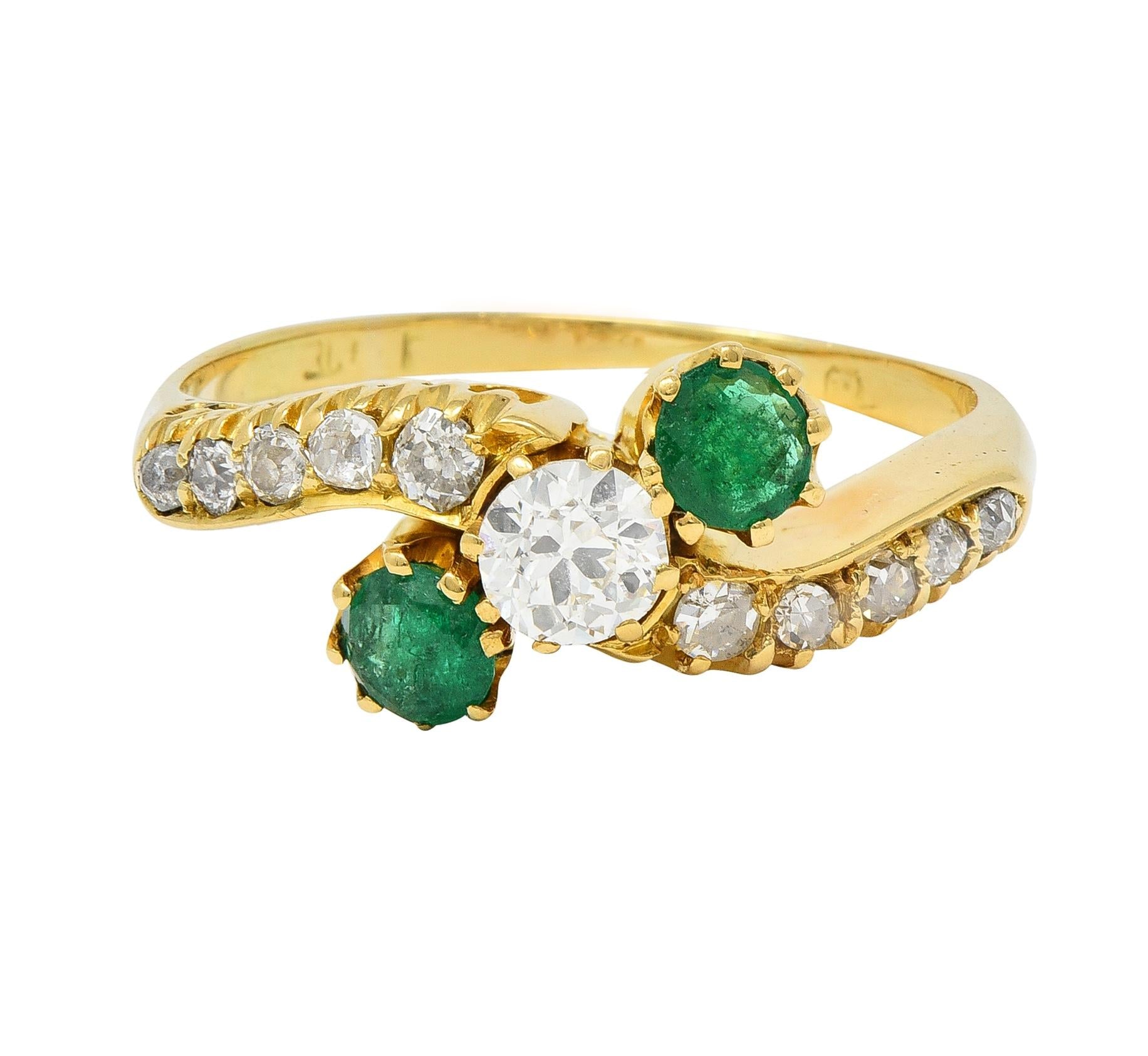 1.08 CTW Emerald Diamond 18 Karat Yellow Gold Vintage Bypass Ring