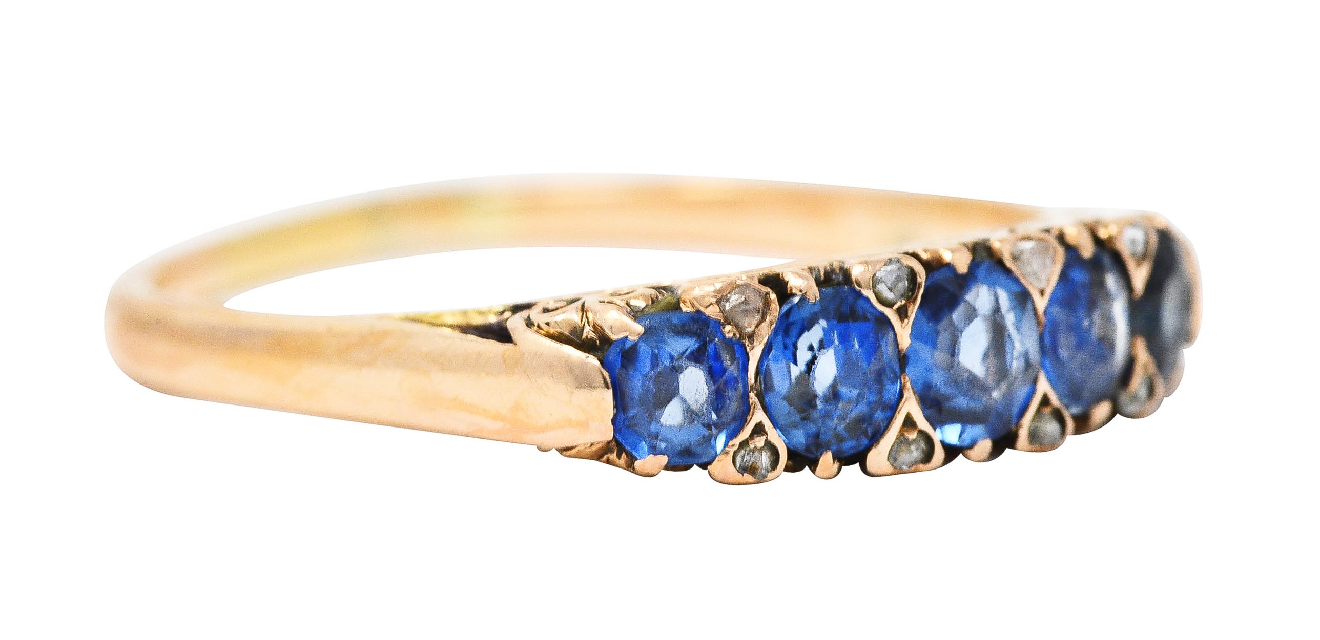 Victorian 1.15 CTW Cushion Cut Sapphire Diamond 14 Karat Yellow Gold Fleur-De-Lis Five Stone Antique Band Ring Wilson's Estate Jewelry