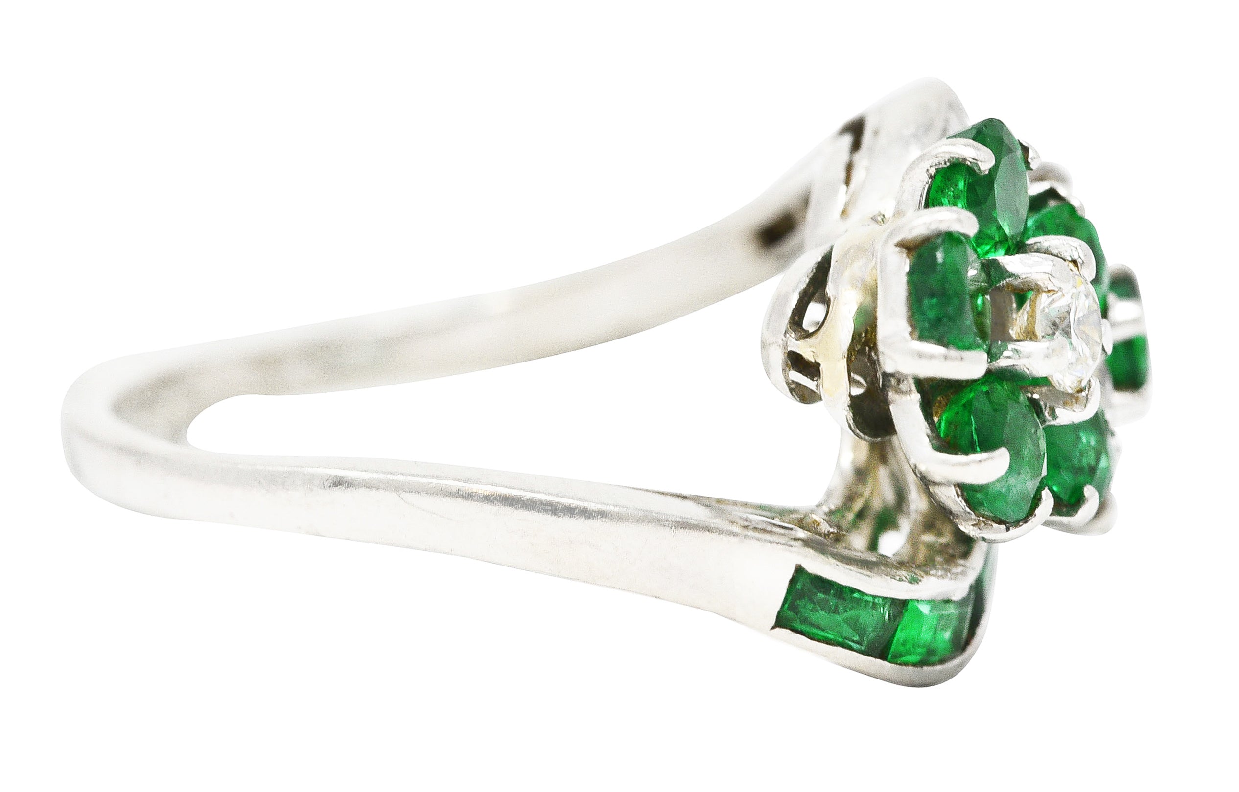 Mid-Century 1.75 CTW Emerald Diamond Platinum Floral Vintage Bypass Ring Wilson's Estate Jewelry