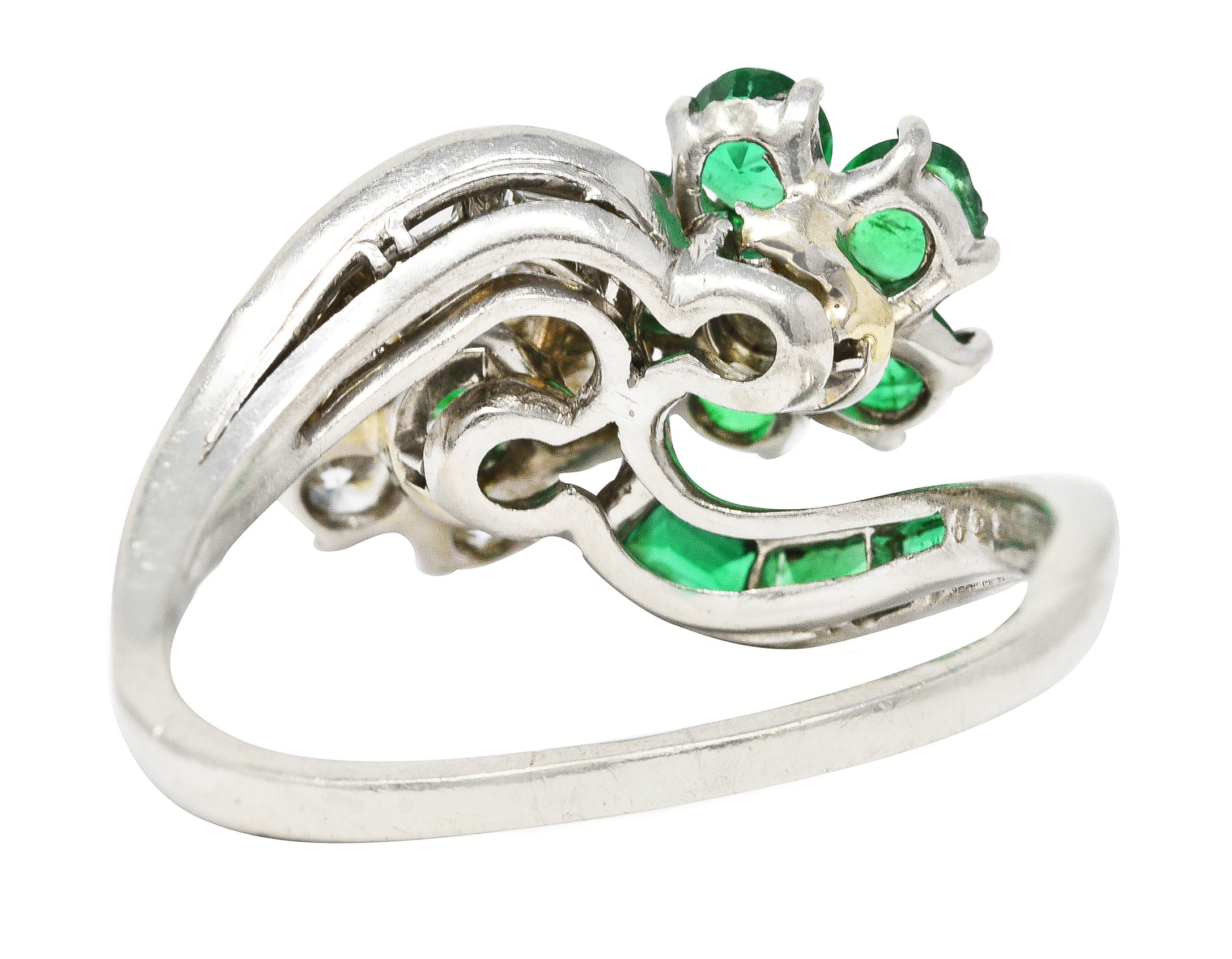 Mid-Century 1.75 CTW Emerald Diamond Platinum Floral Vintage Bypass Ring Wilson's Estate Jewelry