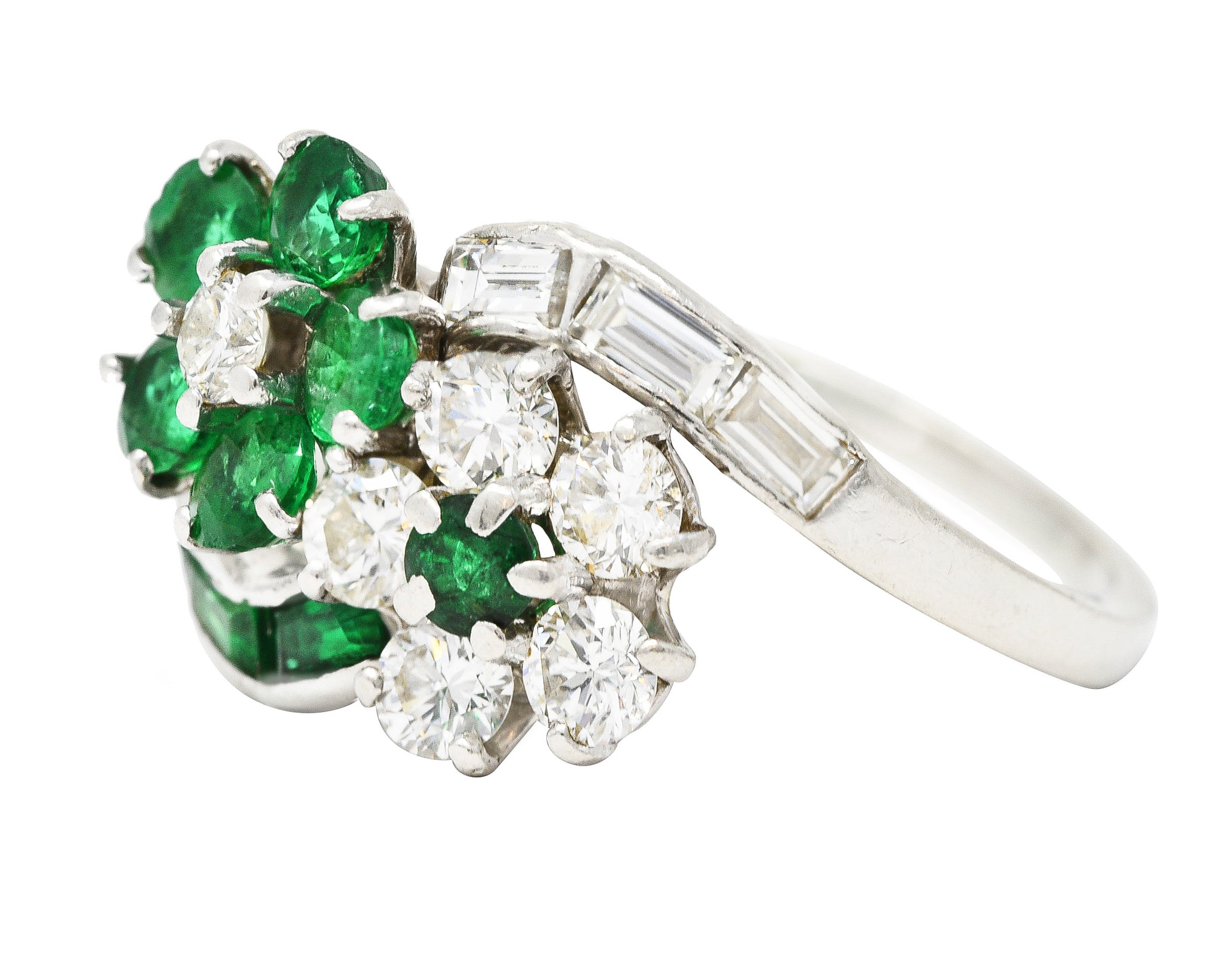 Mid-Century 1.75 CTW Emerald Diamond Platinum Floral Vintage Bypass Ring Wilson's Estate Jewelry