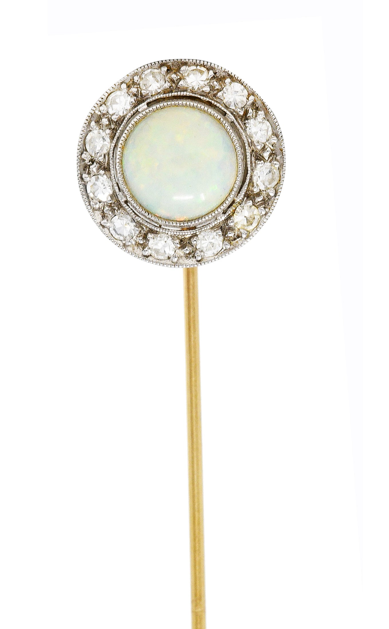 Edwardian Opal Diamond Platinum 14 Karat Gold Stickpin Wilson's Estate Jewelry