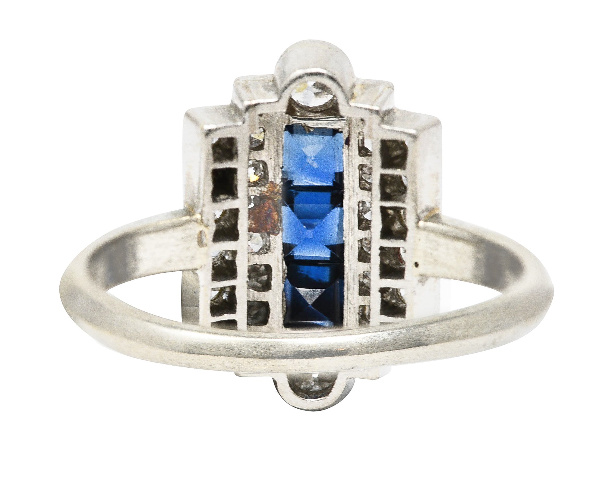 Art Deco 1.09 CTW Square Step Cut Sapphire Diamond 14 Karat White Gold Stepped Dinner Ring Wilson's Estate Jewelry