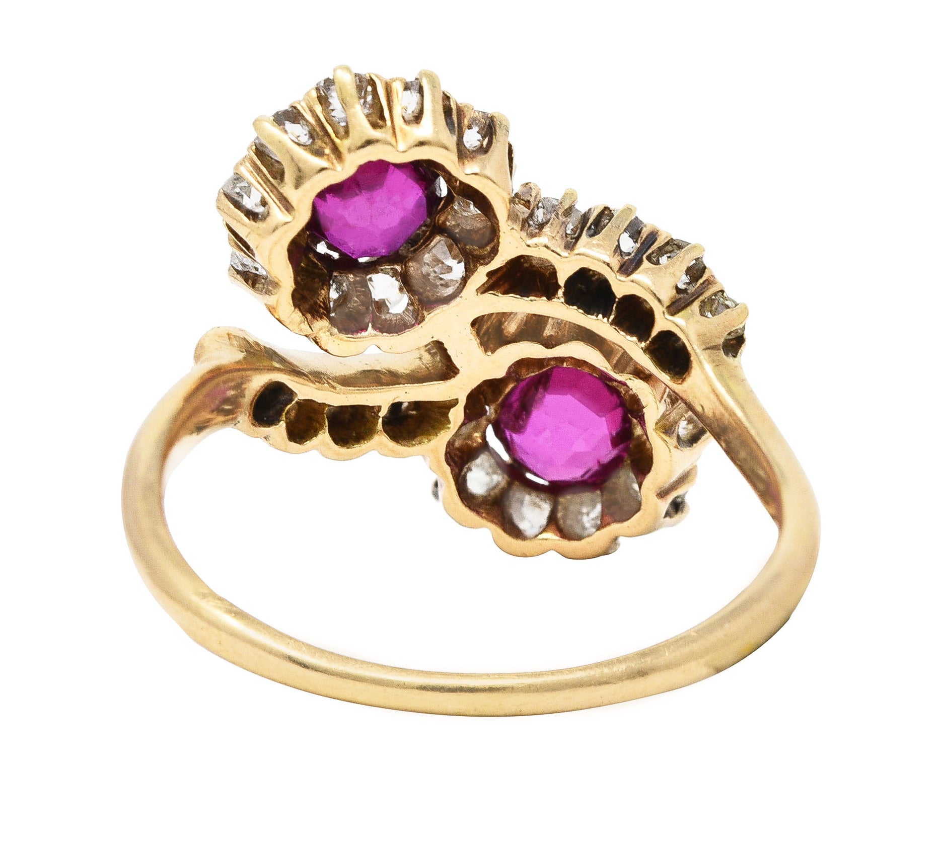 Victorian 1.76 CTW Ruby Diamond 14 Karat Yellow Gold Toi Et Moi Antique Bypass Cluster Ring Wilson's Estate Jewelry