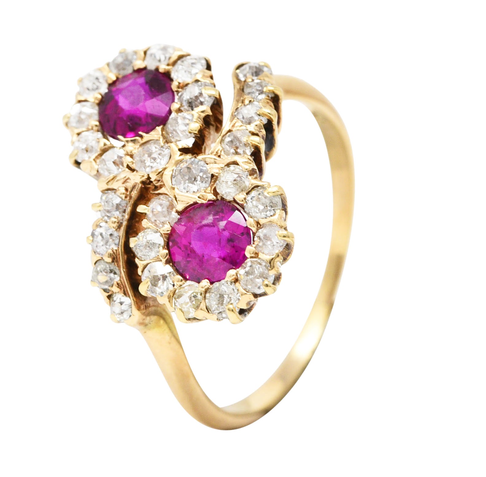 Victorian 1.76 CTW Ruby Diamond 14 Karat Yellow Gold Toi Et Moi Antique Bypass Cluster Ring Wilson's Estate Jewelry