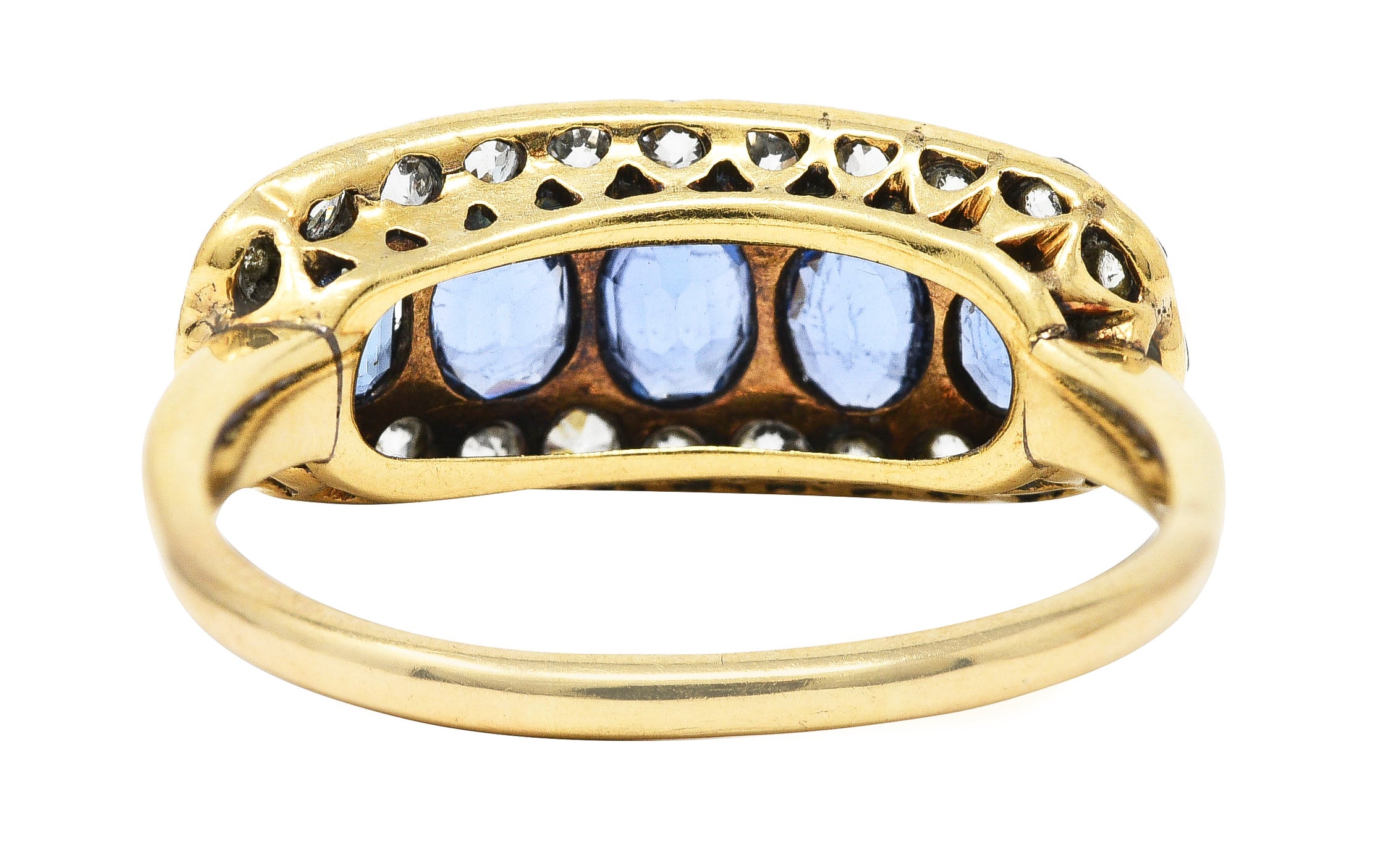 Victorian 1.82 CTW Sapphire Old European Cut Diamond 14 Karat Yellow Gold Antique Five Stone Halo Ring Wilson's Estate Jewelry