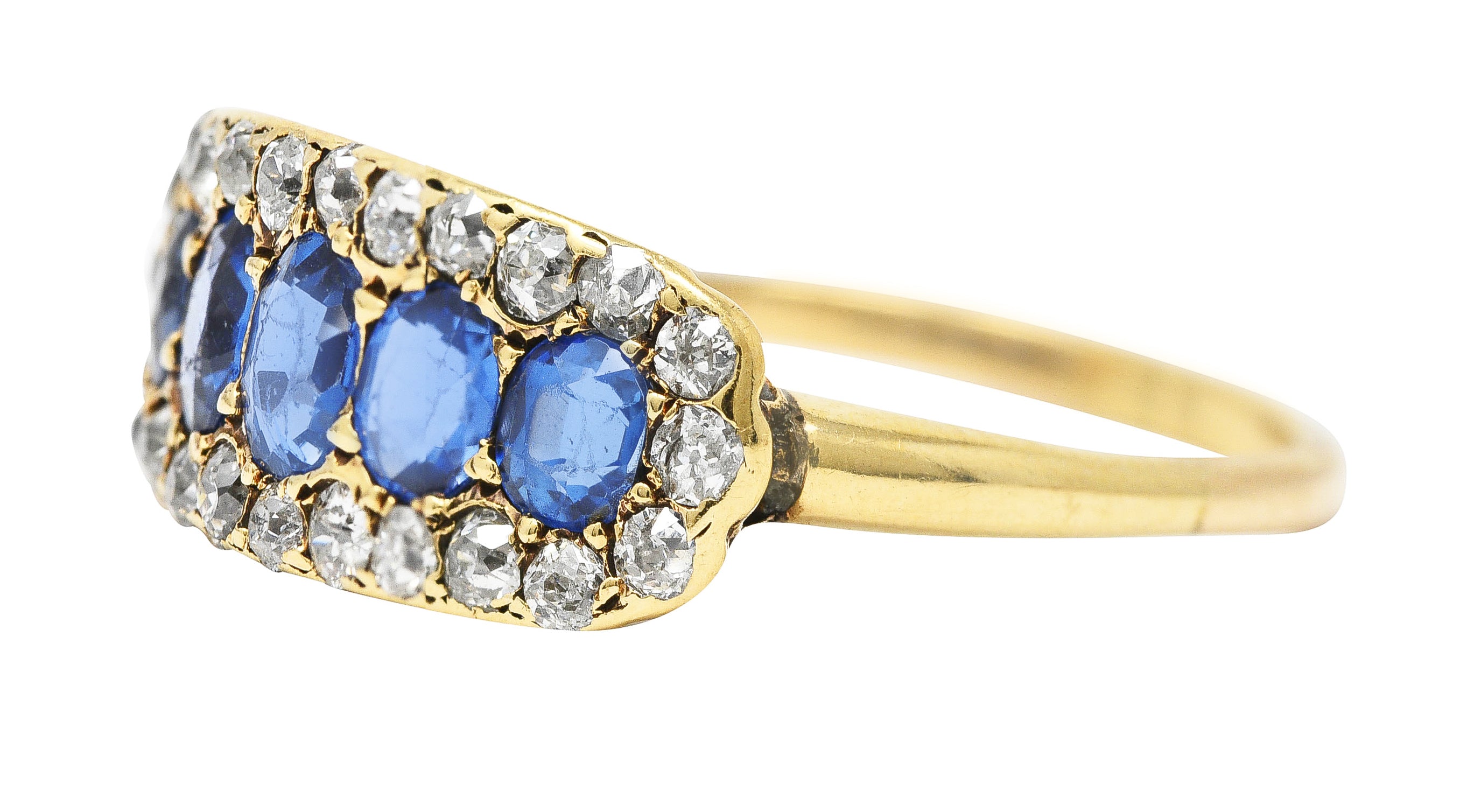 Victorian 1.82 CTW Sapphire Old European Cut Diamond 14 Karat Yellow Gold Antique Five Stone Halo Ring Wilson's Estate Jewelry