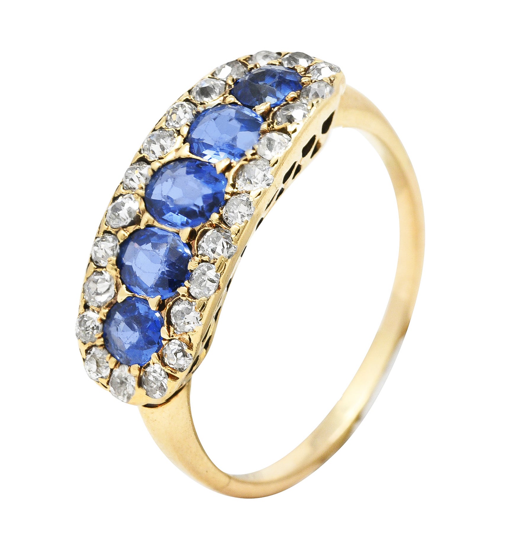 Victorian 1.82 CTW Sapphire Old European Cut Diamond 14 Karat Yellow Gold Antique Five Stone Halo Ring Wilson's Estate Jewelry