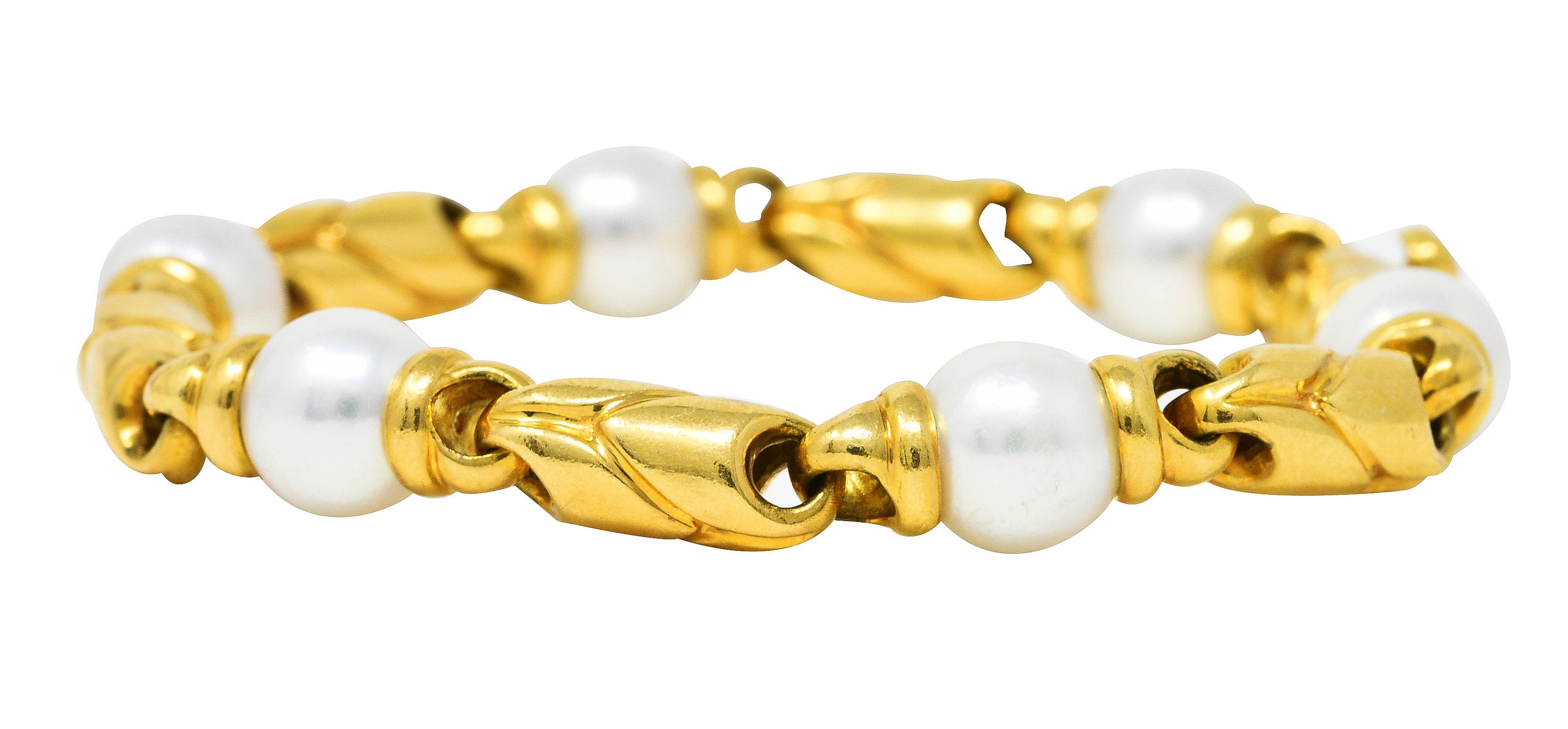 1980's Bulgari Pearl 18 Karat Yellow Gold Passo Doppio Link Vintage Bracelet Wilson's Estate Jewelry