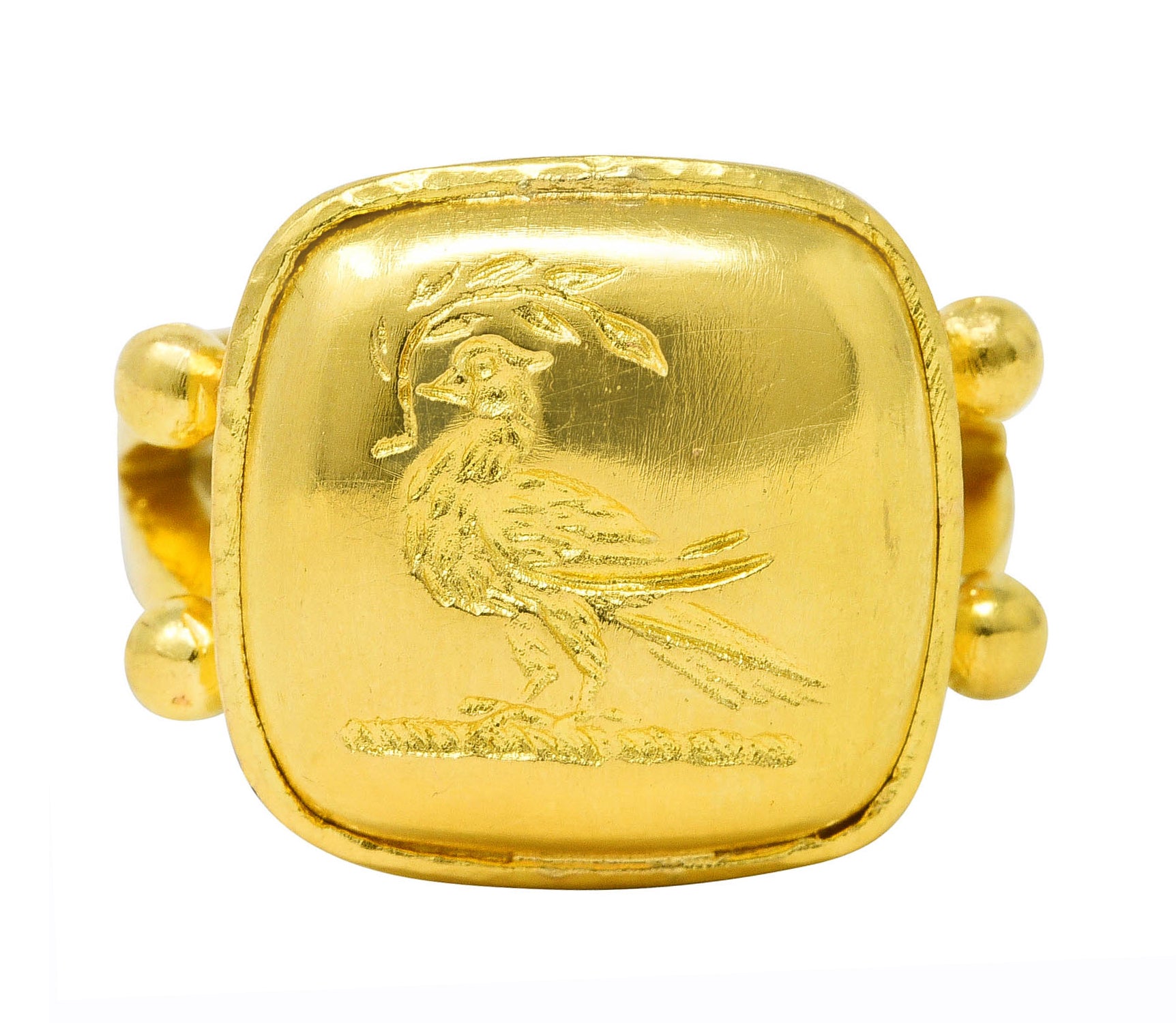 Elizabeth Locke Vintage 19 Karat Gold Pheasant Olive Branch Bird Intaglio Signet Ring Wilson's Estate Jewelry