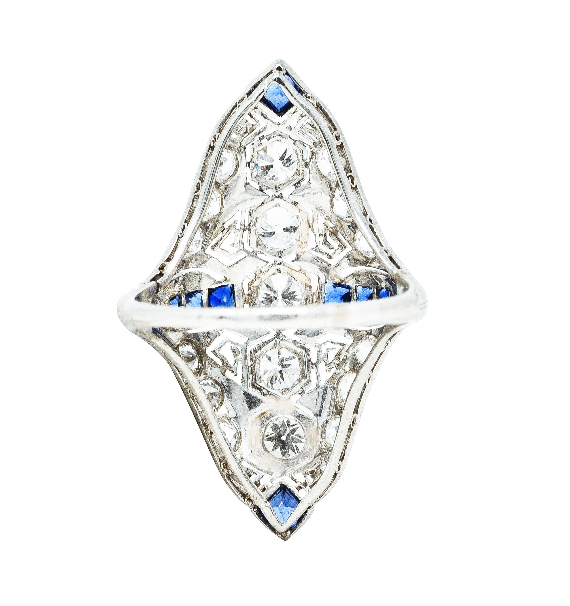 1930's Art Deco Sapphire Diamond Platinum Navette Dinner Ring Wilson's Estate Jewelry