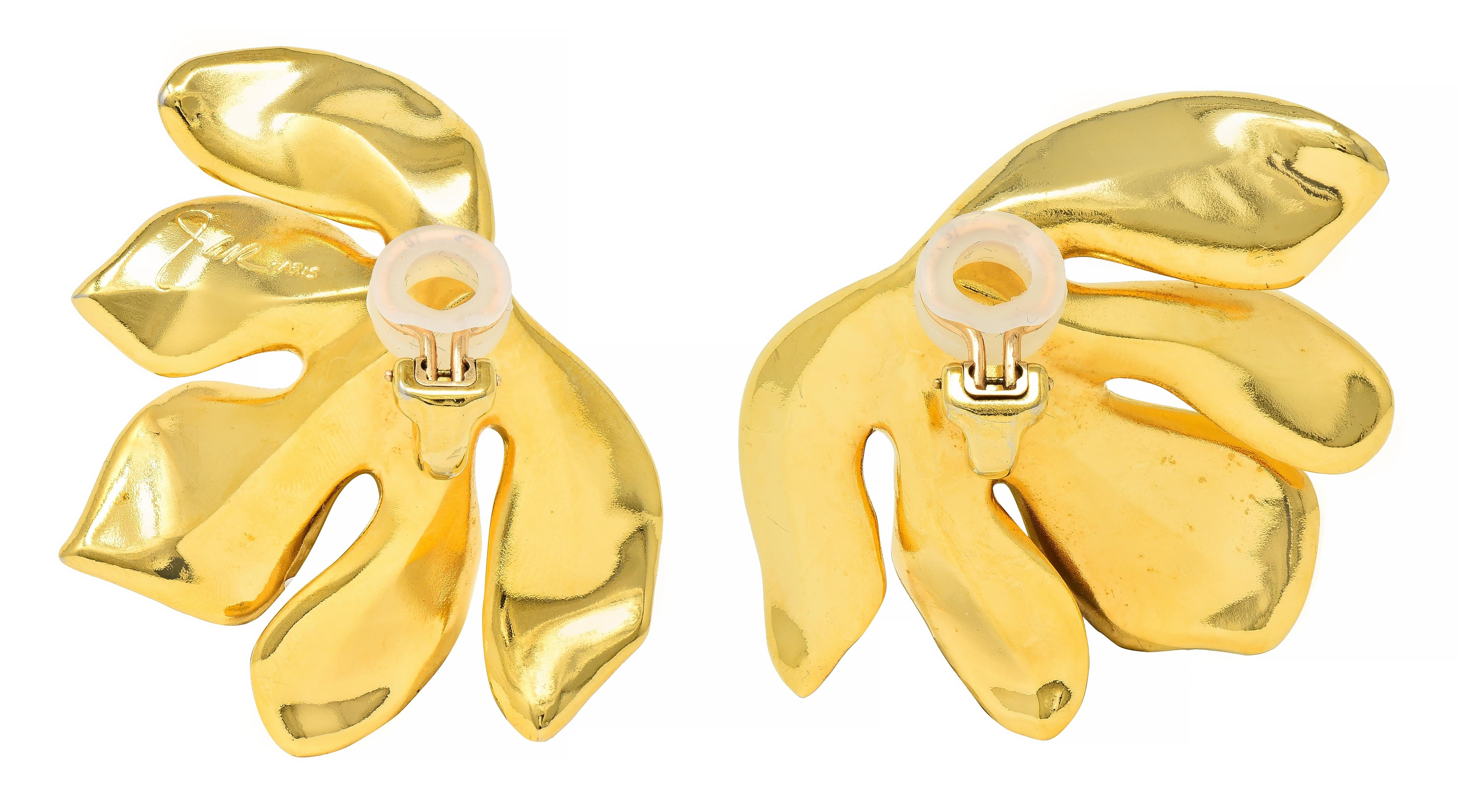 JAR French 18 Karat Gold Anodized Aluminum Fig Leaf Ear-Clip Earrings