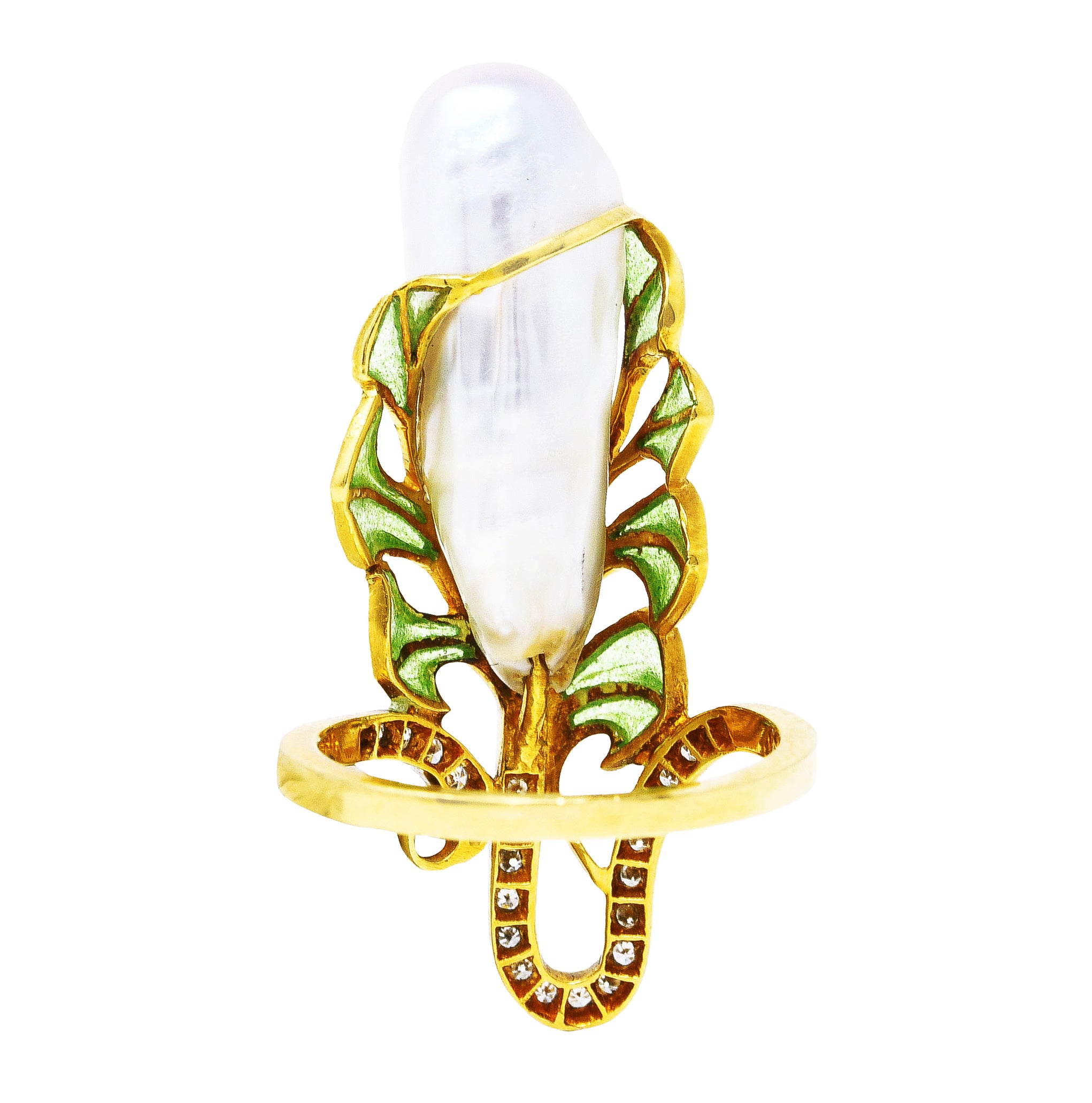 Vintage Diamond Baroque Pearl Plique-A-Jour Enamel 18 Karat Yellow Gold Foliate Antique Ring Wilson's Estate Jewelry