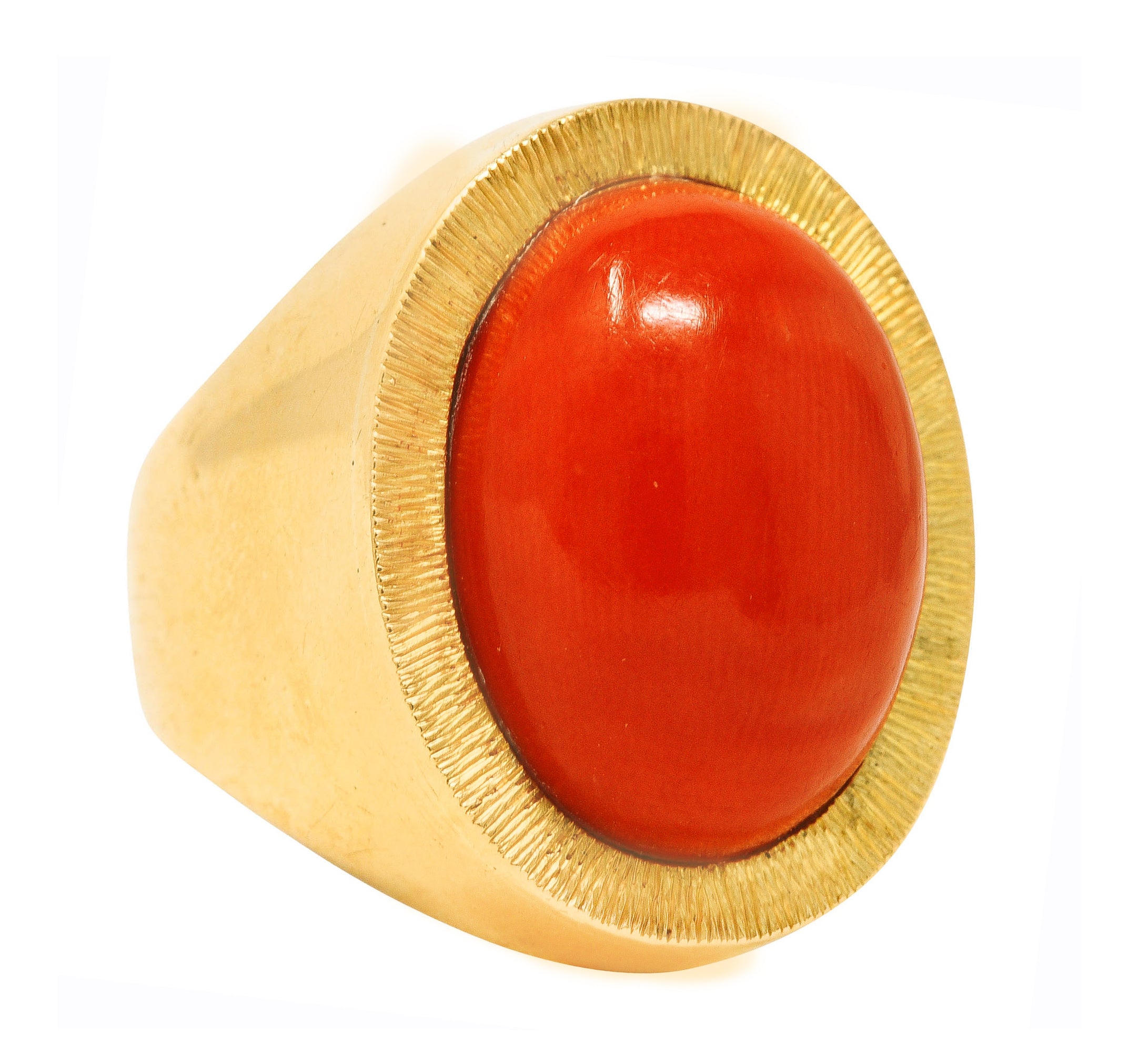 1960's Modernist Vintage Coral 18 Karat Yellow Gold Unisex Cabochon Ring Wilson's Estate Jewelry