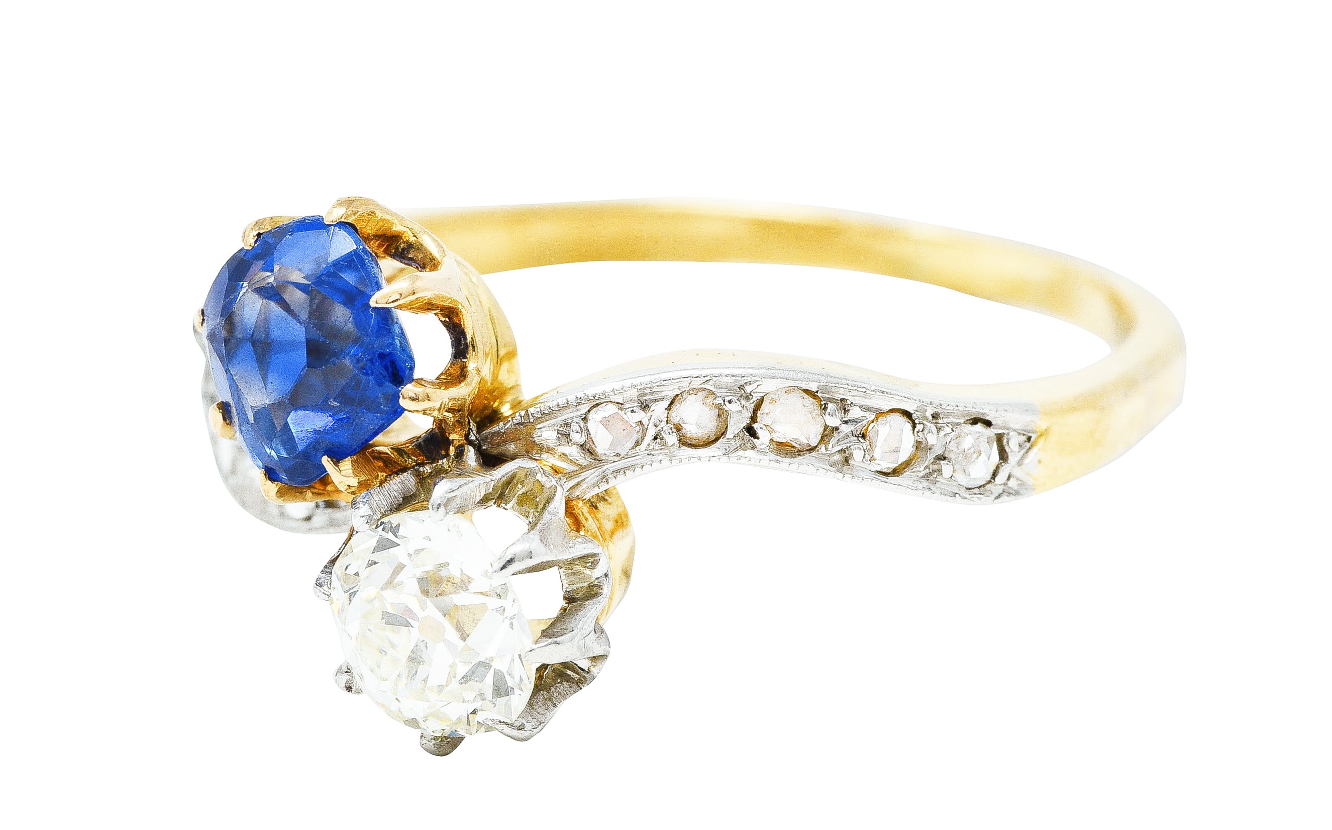 French Edwardian 1.47 CTW Sapphire Diamond Platinum-Topped Toi Et Moi Antique Bypass Ring Wilson's Estate Jewelry