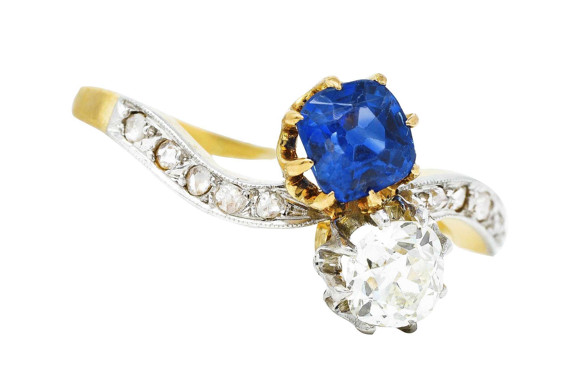 French Edwardian 1.47 CTW Sapphire Diamond Platinum-Topped Toi Et Moi Antique Bypass Ring Wilson's Estate Jewelry