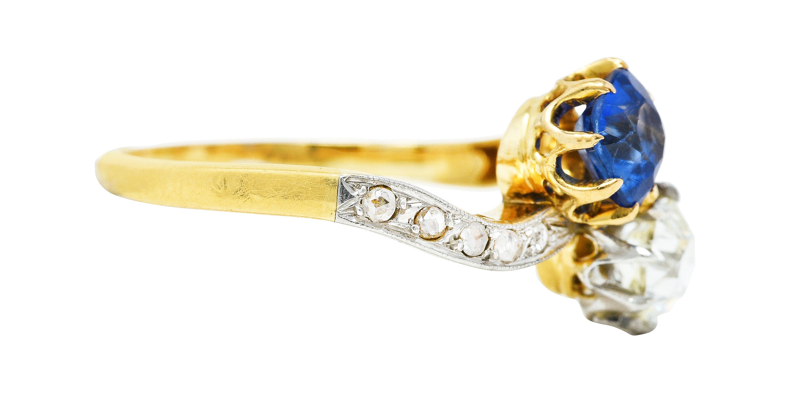 French Edwardian 1.47 CTW Sapphire Diamond Platinum-Topped Toi Et Moi Antique Bypass Ring Wilson's Estate Jewelry