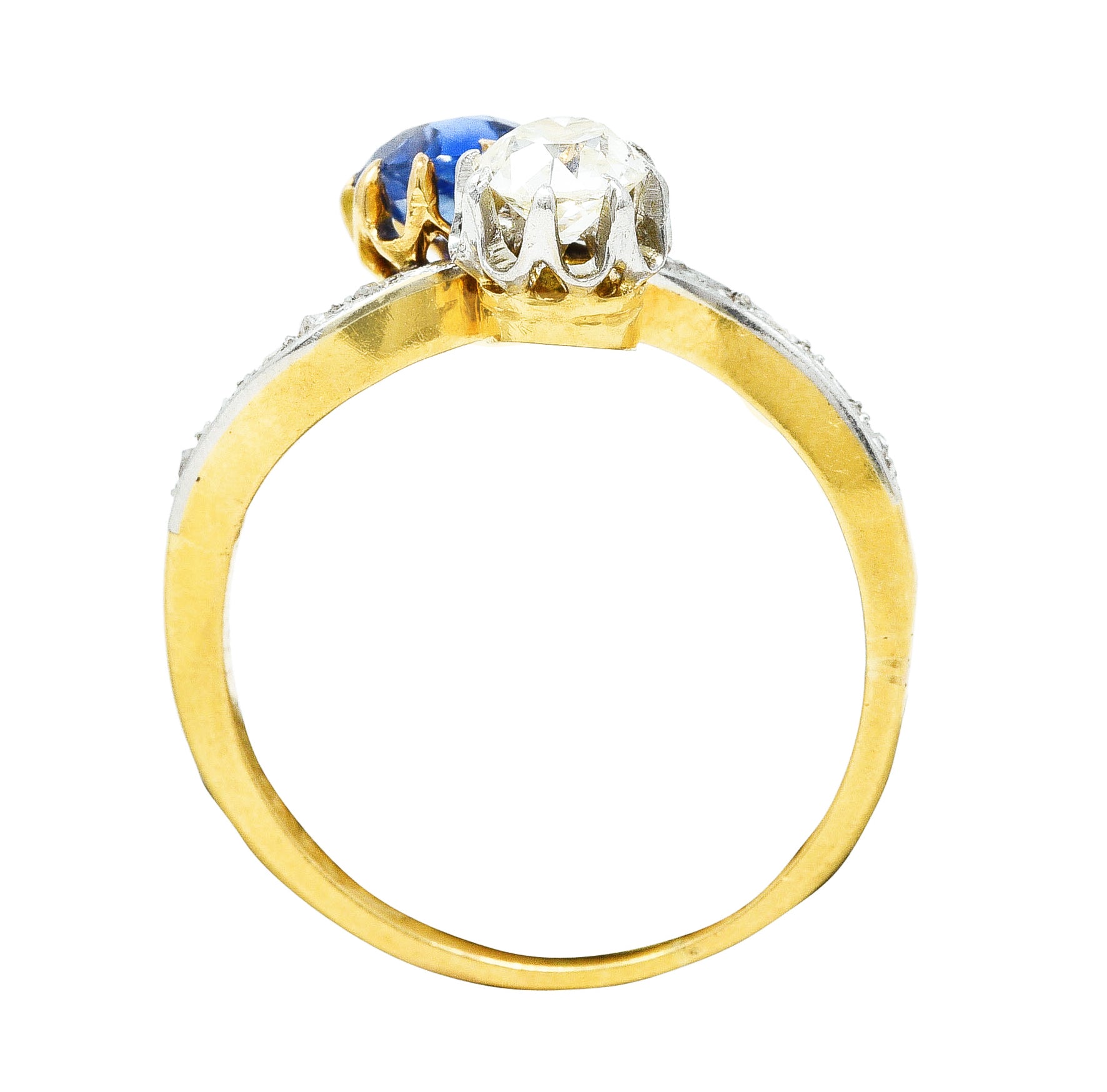 French Edwardian 1.47 CTW Sapphire Diamond Platinum-Topped Toi Et Moi Antique Bypass Ring Wilson's Estate Jewelry