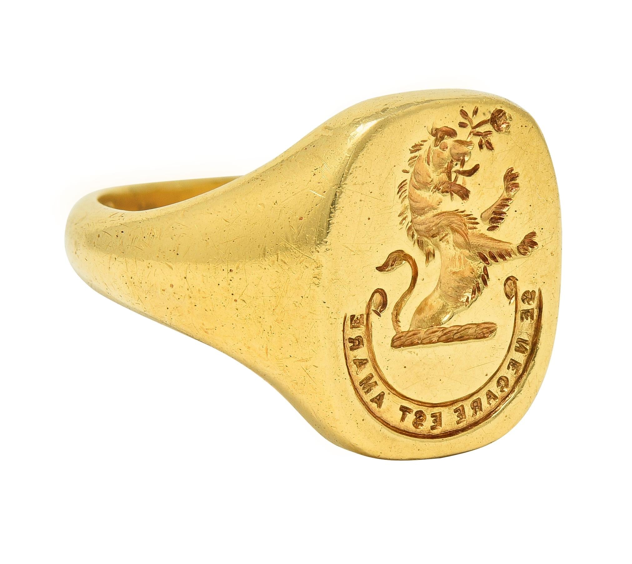 Vintage 1959 18 Karat Yellow Gold Heraldic Lion Intaglio Men's Signet Ring