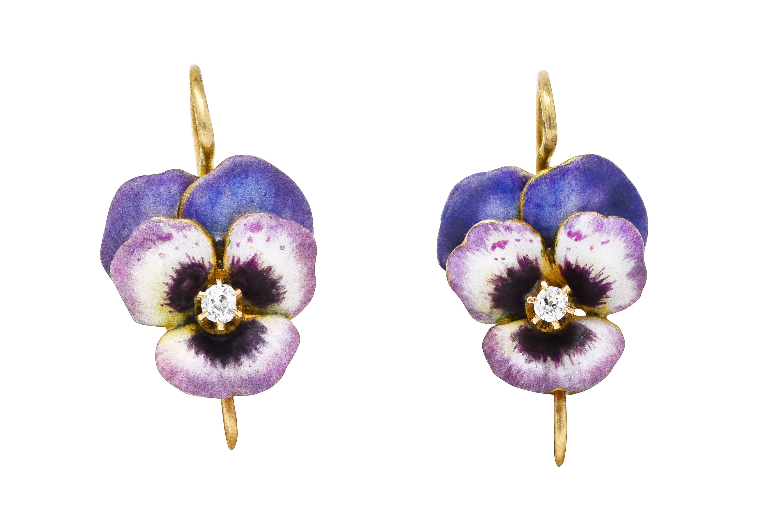 Art Nouveau Diamond Enamel 14 Karat Yellow Gold Pansy Antique Earrings Wilson's Estate Jewelry