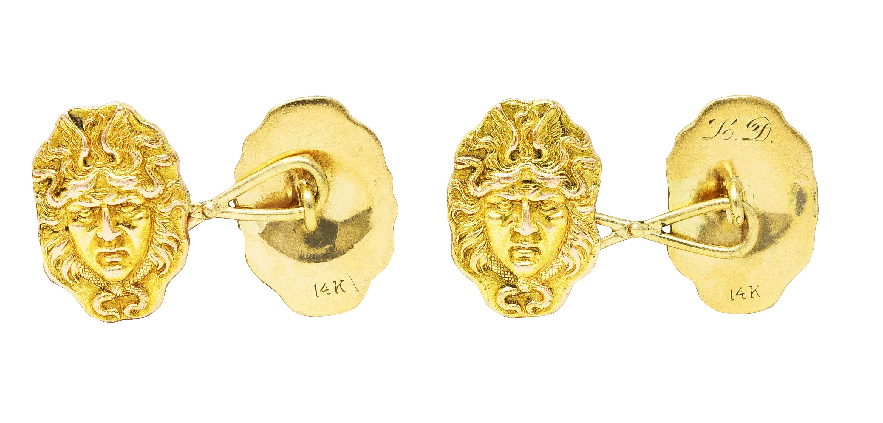 Art Victorian 14 Karat Two-Tone Gold Medusa Men's Antique Cufflinks Wilson's Estate Jewelry