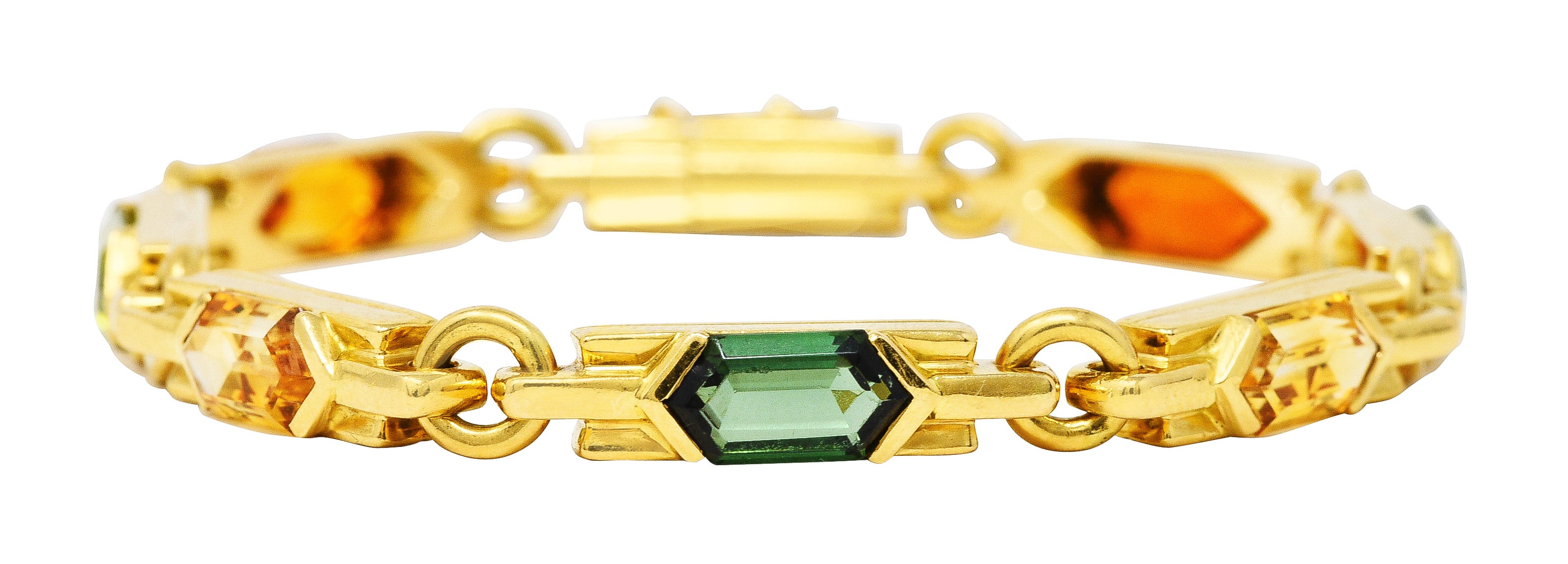 1980's Bulgari Peridot Citrine Green Tourmaline 18 Karat Yellow Gold Vintage Italian Gemstone Bracelet Wilson's Estate Jewelry