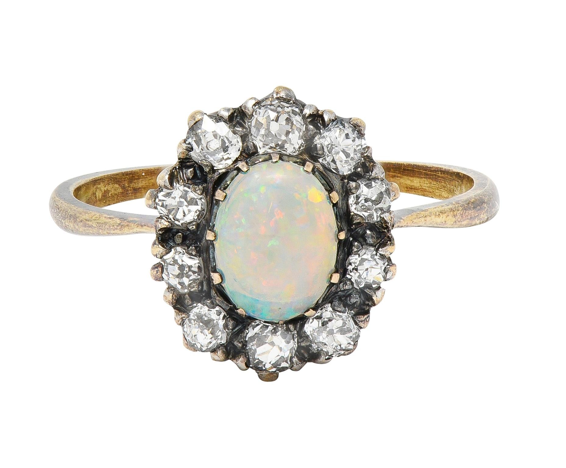 Victorian 0.52 CTW Opal Diamond Silver 14 Karat Gold Antique Halo Ring