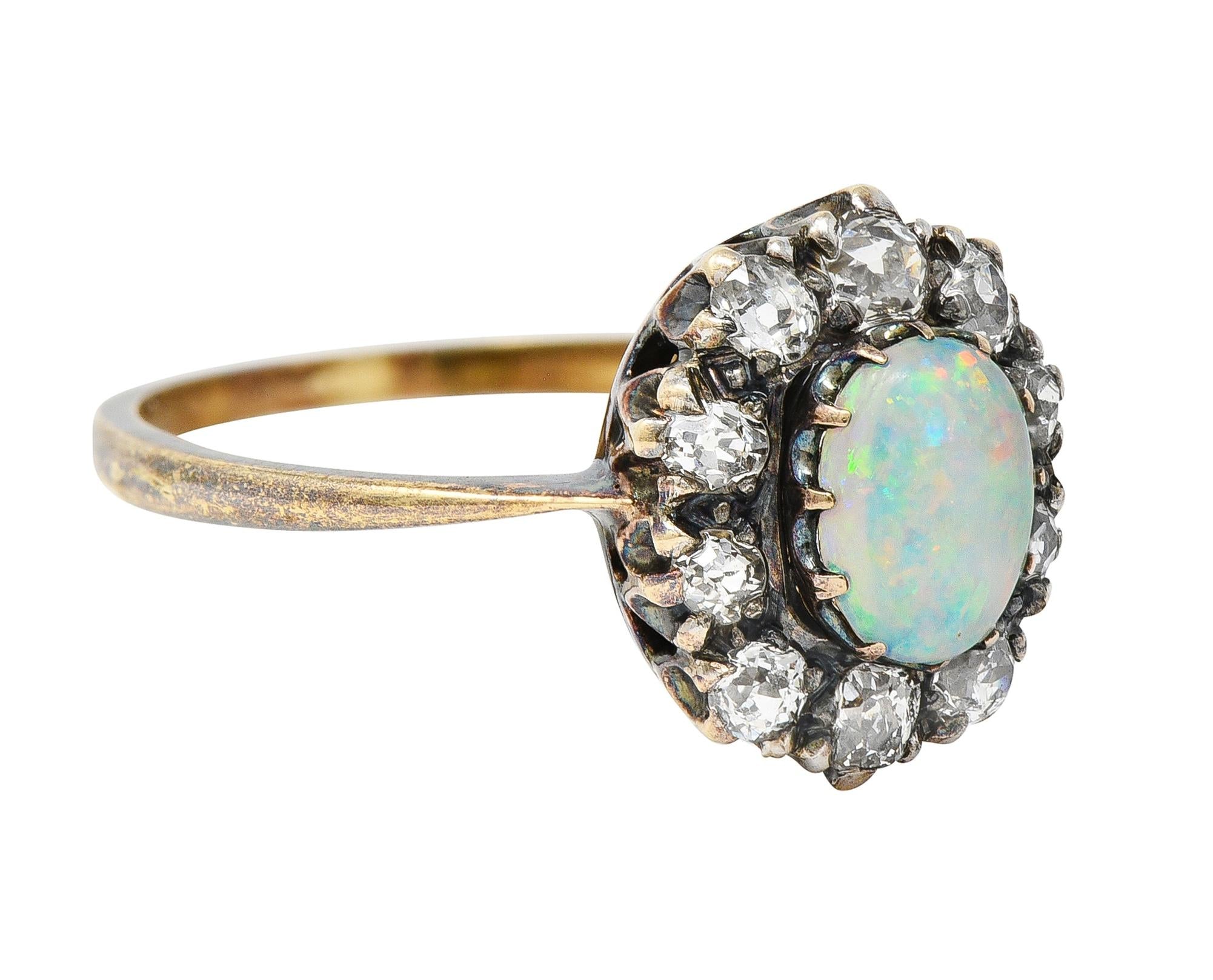 Victorian 0.52 CTW Opal Diamond Silver 14 Karat Gold Antique Halo Ring