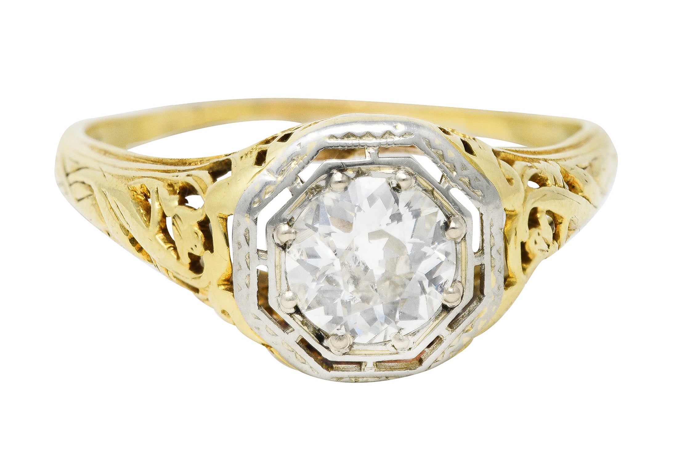 1920's Art Deco 0.71 Old European Diamond 14 Karat Two-Tone Gold Floral Engagement Ring Wilson's Estate Jewelry