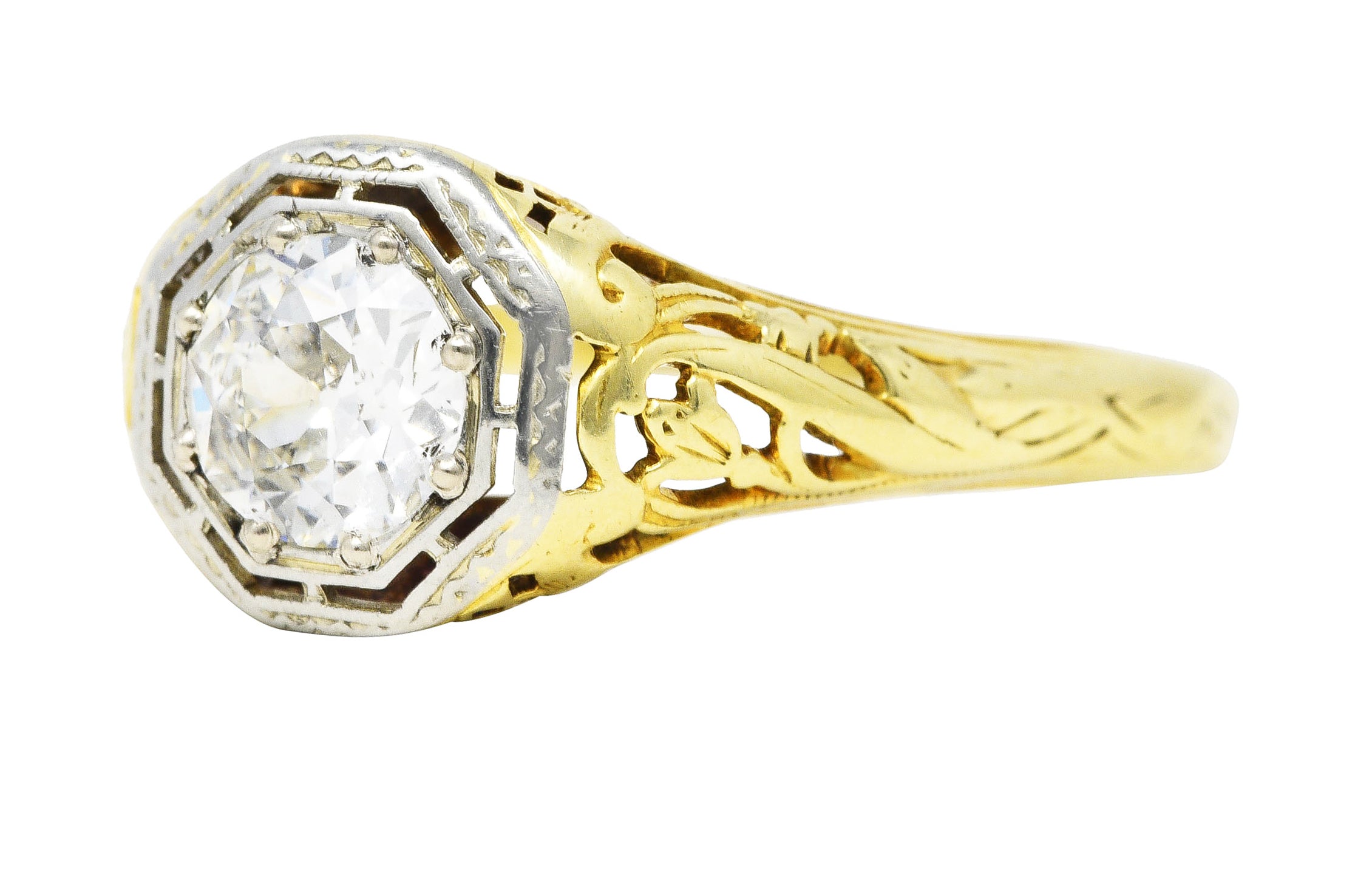 1920's Art Deco 0.71 Old European Diamond 14 Karat Two-Tone Gold Floral Engagement Ring Wilson's Estate Jewelry