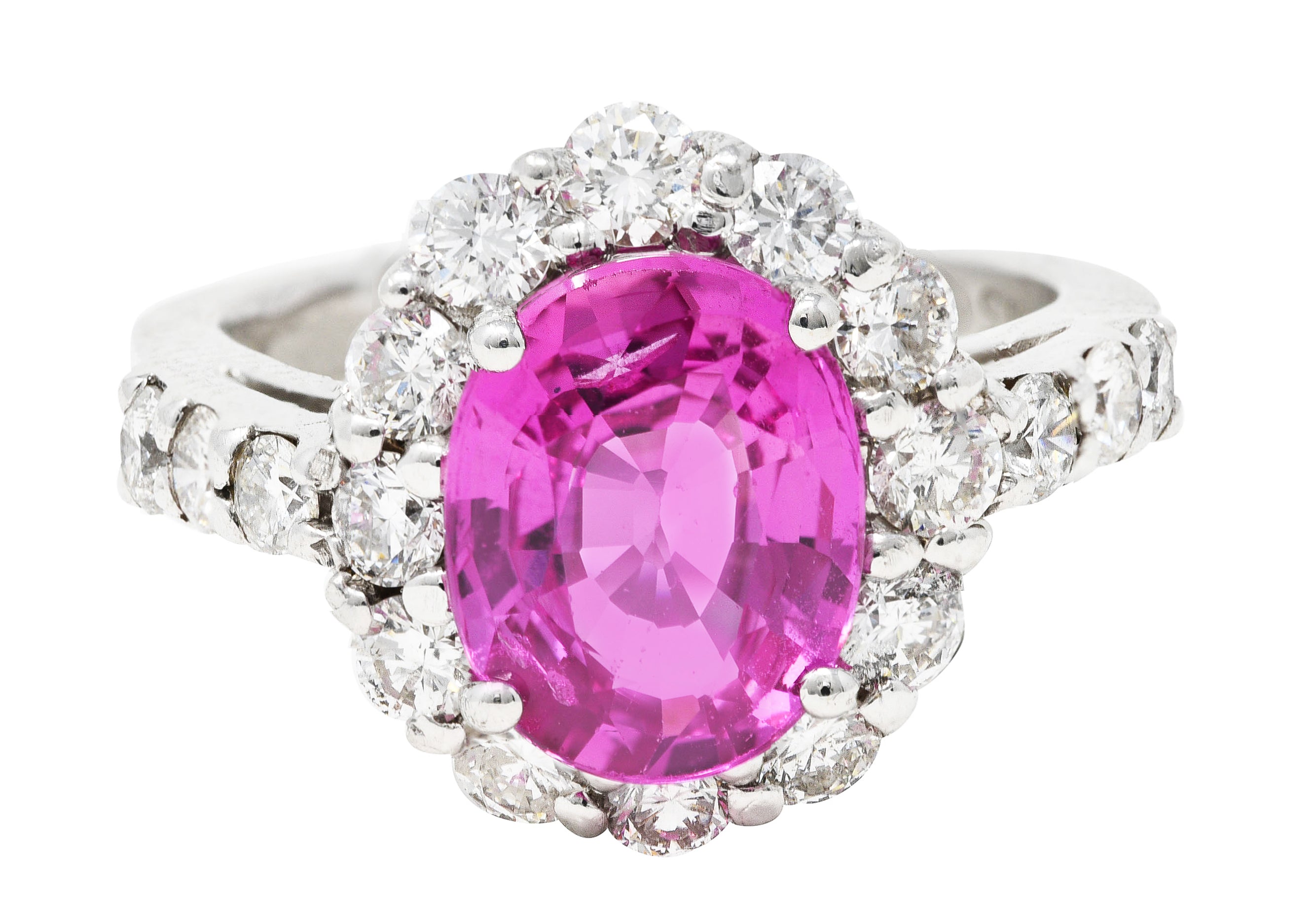 Contemporary 4.10 CTW Pink Sapphire Diamond 18 Karat White Gold Cluster Gemstone Ring Wilson's Estate Jewelry