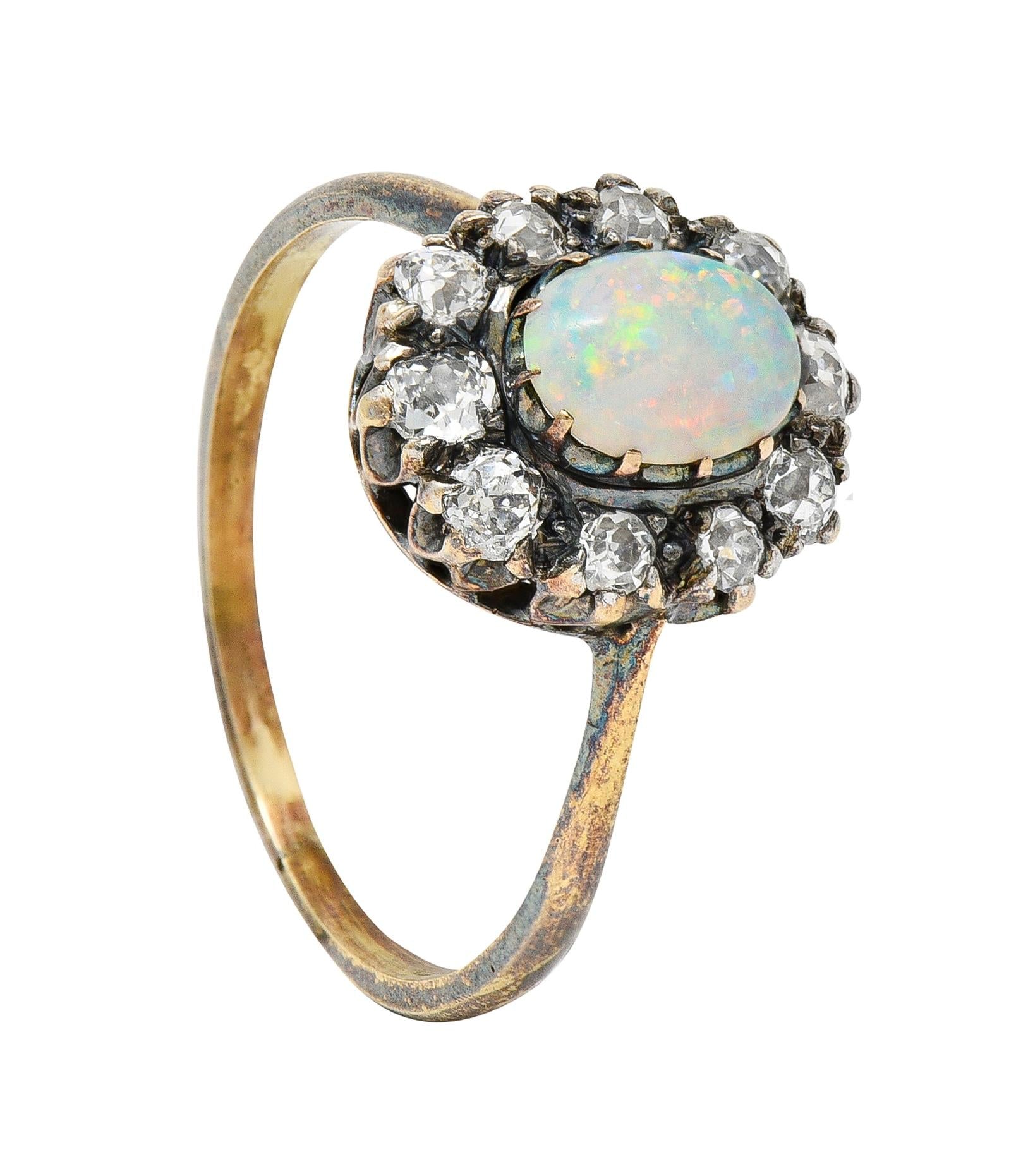 Victorian 0.52 CTW Opal Diamond Silver 14 Karat Gold Antique Halo Ring