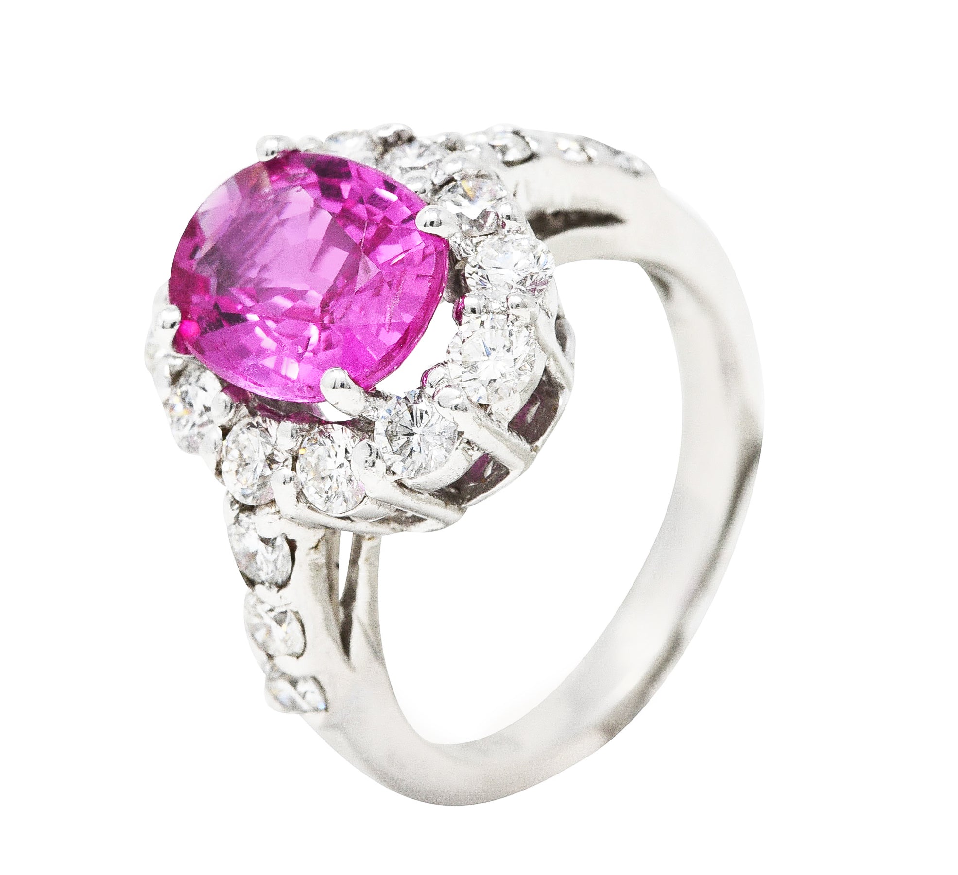 Contemporary 4.10 CTW Pink Sapphire Diamond 18 Karat White Gold Cluster Gemstone Ring Wilson's Estate Jewelry