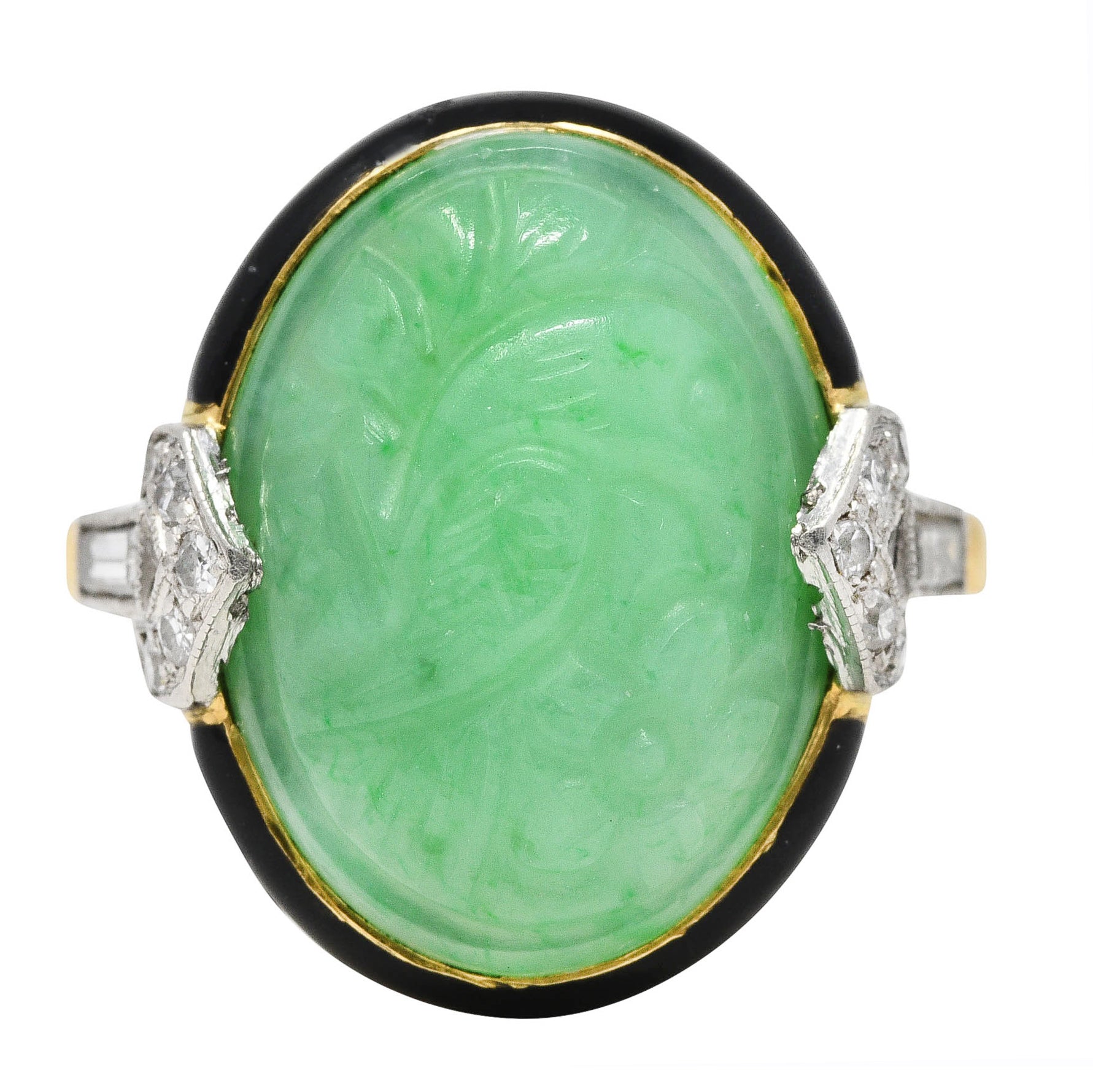 Felger Art Deco Diamond Jade Enamel Platinum 18 Karat Yellow Gold Ring Wilson's Estate Jewelry