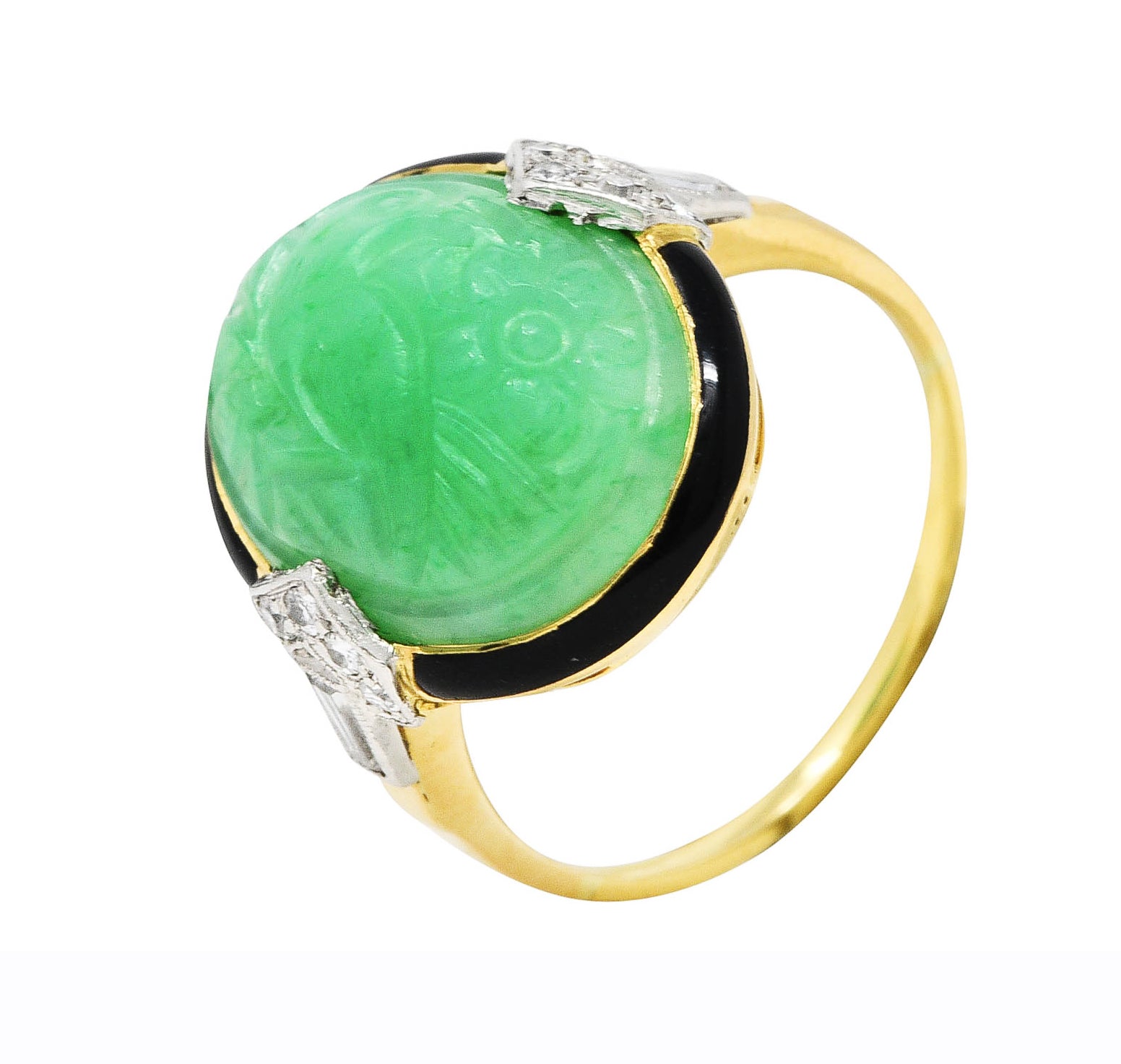 Felger Art Deco Diamond Jade Enamel Platinum 18 Karat Yellow Gold Ring Wilson's Estate Jewelry